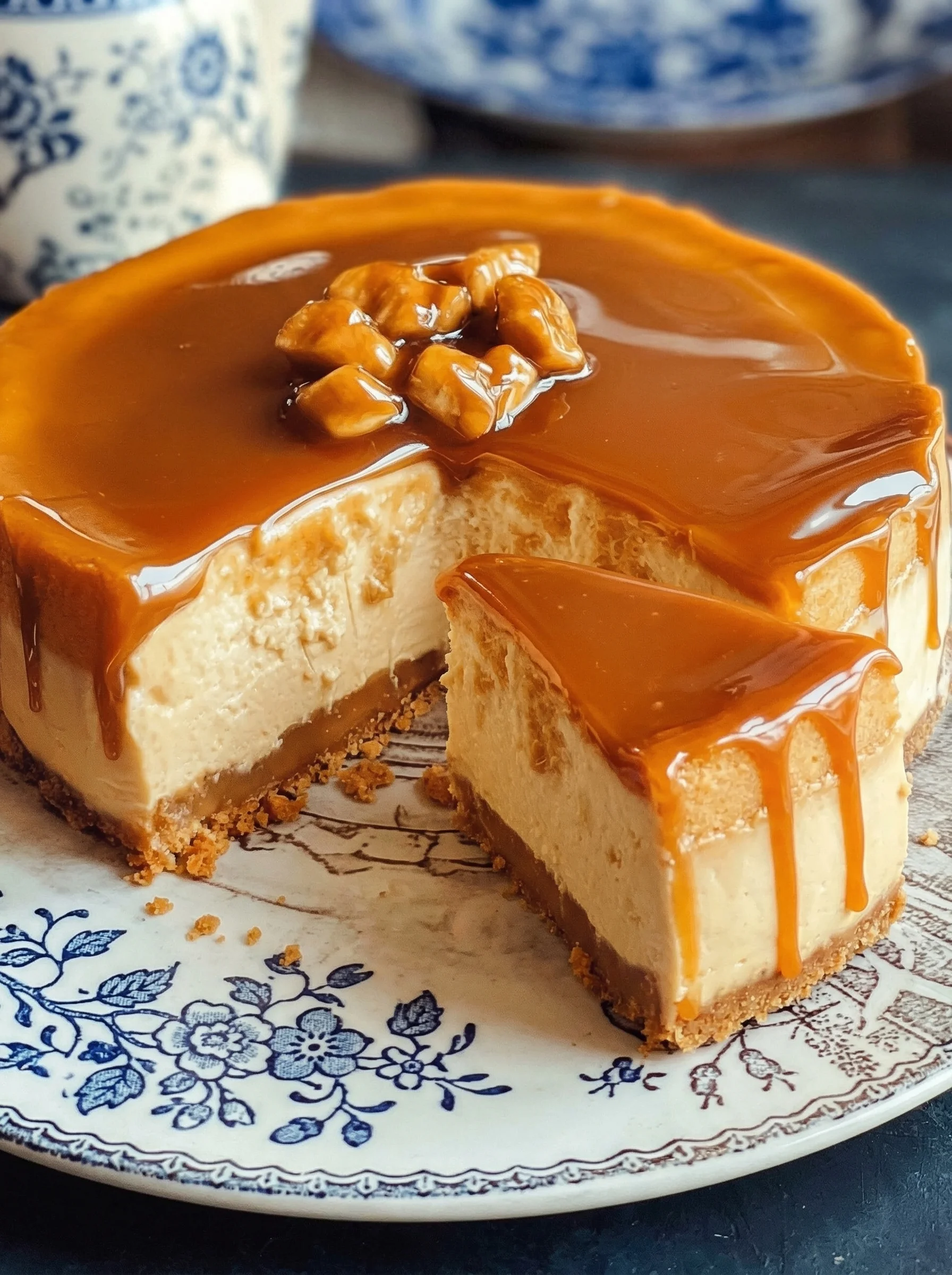 Ein Karamell-Käsekuchen auf einem weißen Teller.