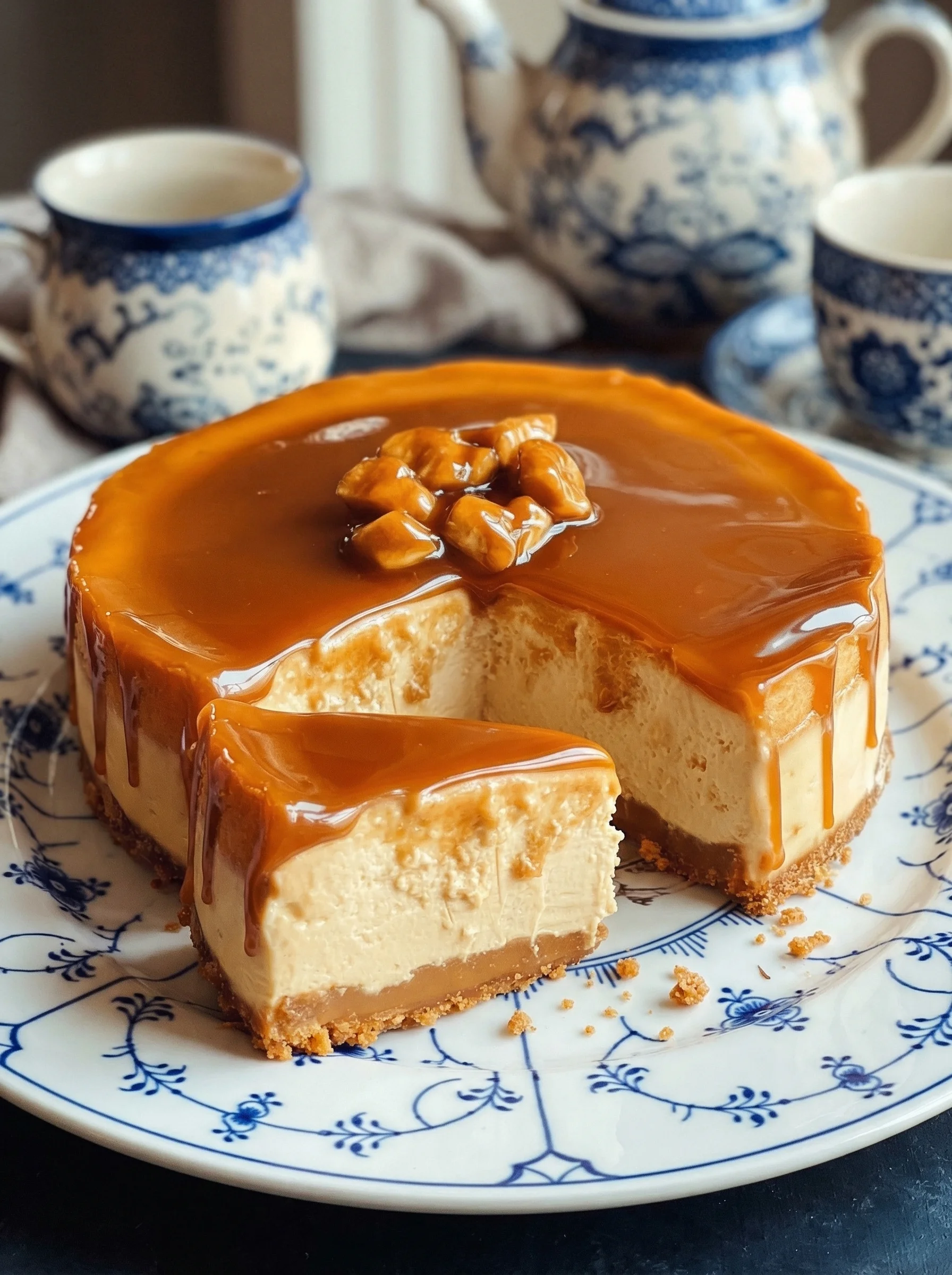 Ein Karamell-Käsekuchen auf einem weißen Plate.
