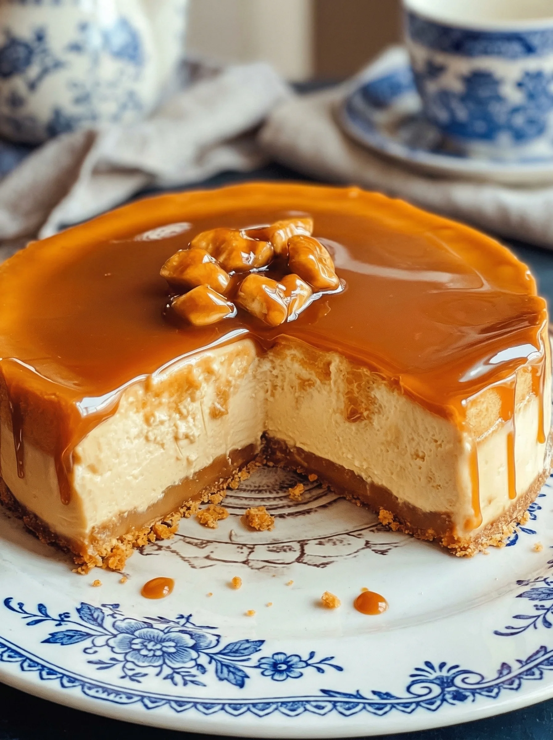 Ein Karamell-Käsekuchen mit einer Schokoladenglasur und Walnüssen auf einem weißen Teller.