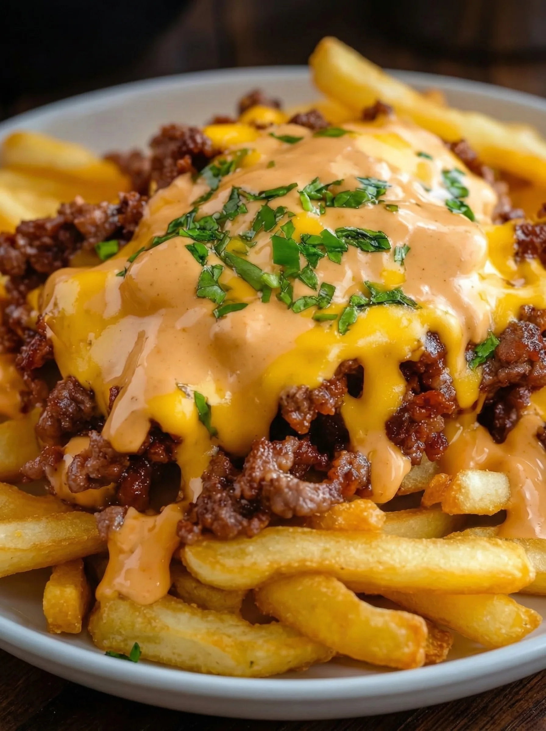 Eine Platte mit Pommes Frites, die mit Hackfleisch und Cheddar belegt sind.