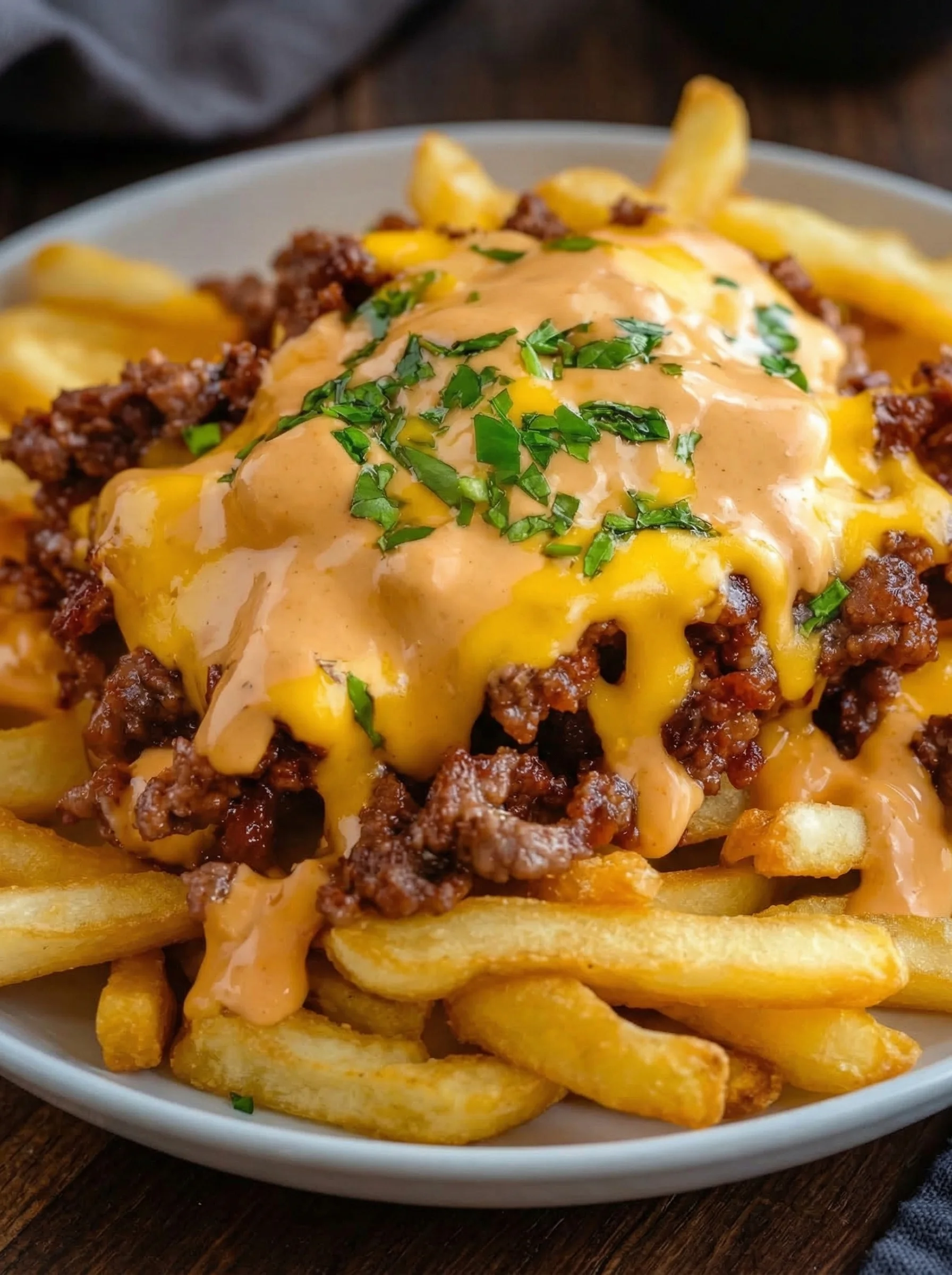 Ein Plate mit Pommes Frites, die mit Hackfleisch und Cheddar belegt sind.