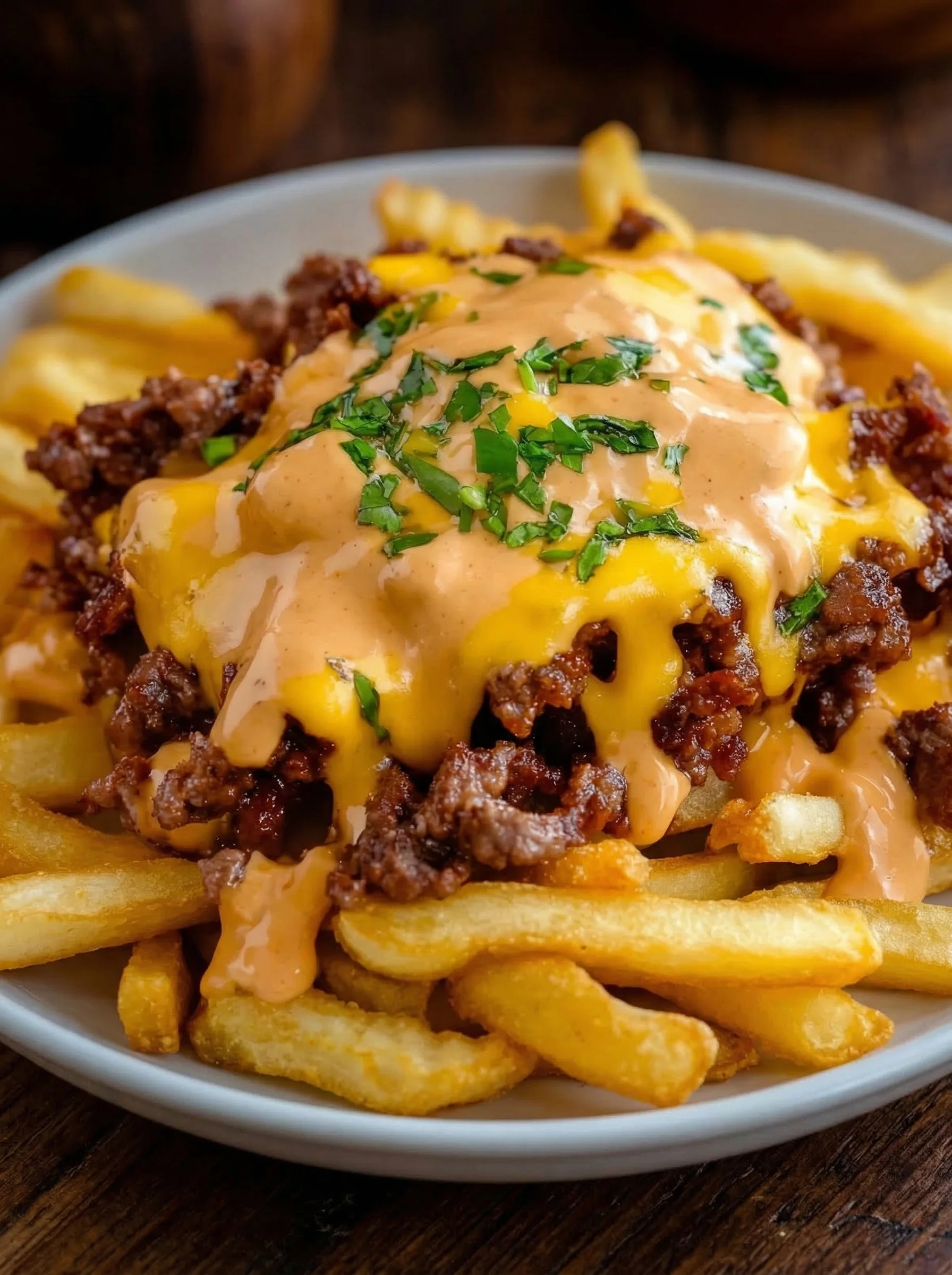 Ein Plate mit Pommes Frites, die mit Hackfleisch und Cheddar belegt sind.