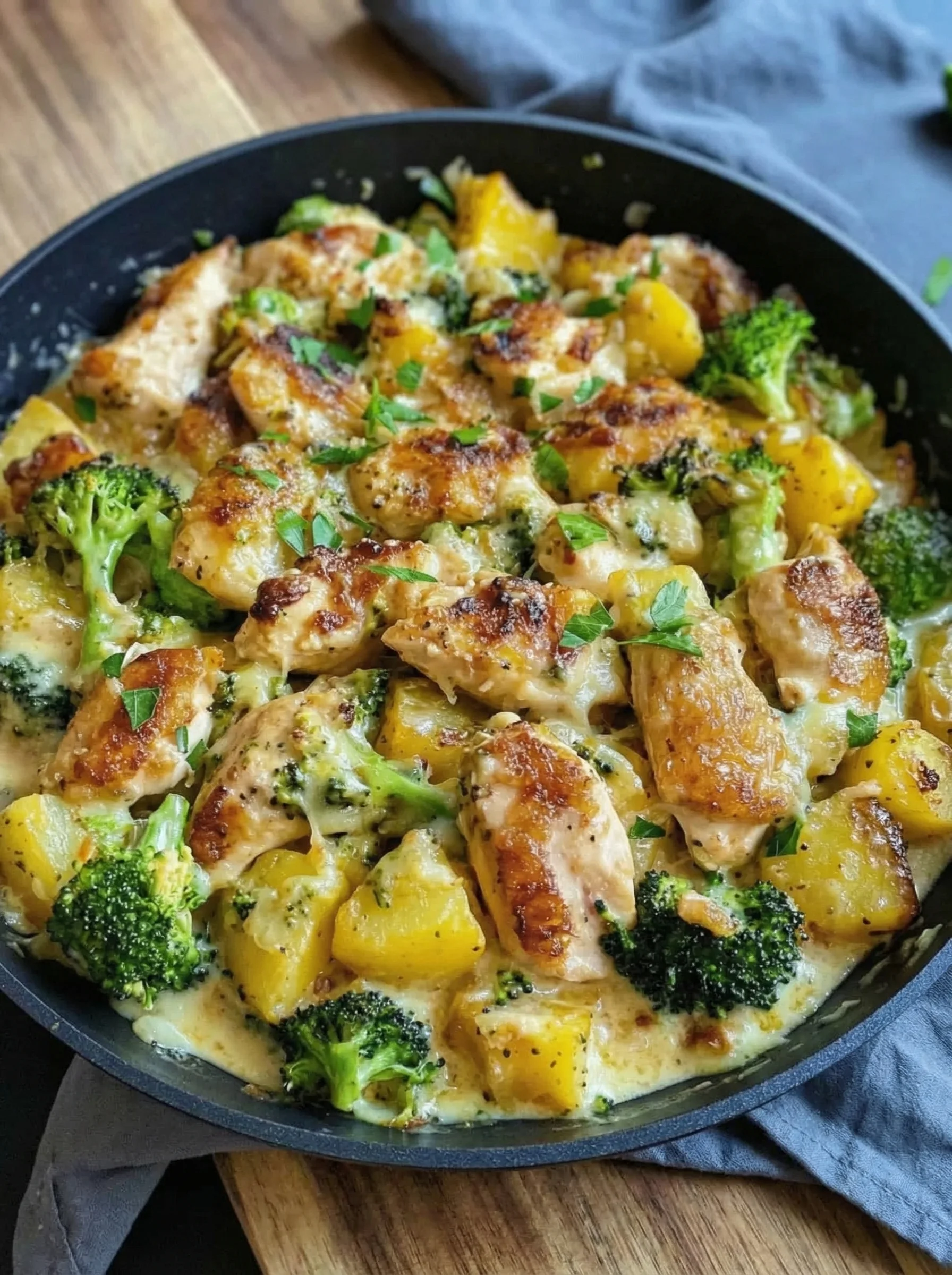 Eine Kartoffel-Hähnchen-Pfanne mit Brokkoli, die in einem schwarzen Teller serviert wird.