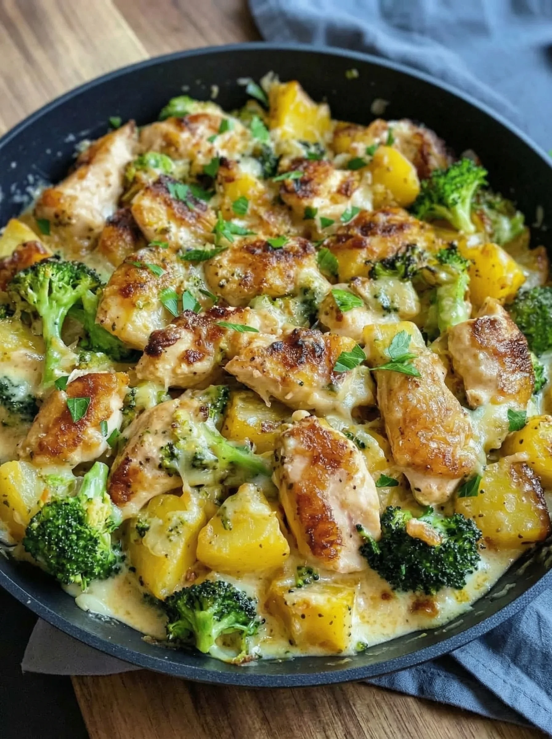 Eine Kartoffel-Hähnchen-Pfanne mit Brokkoli, die in einem schwarzen Teller auf einem Tisch liegt.