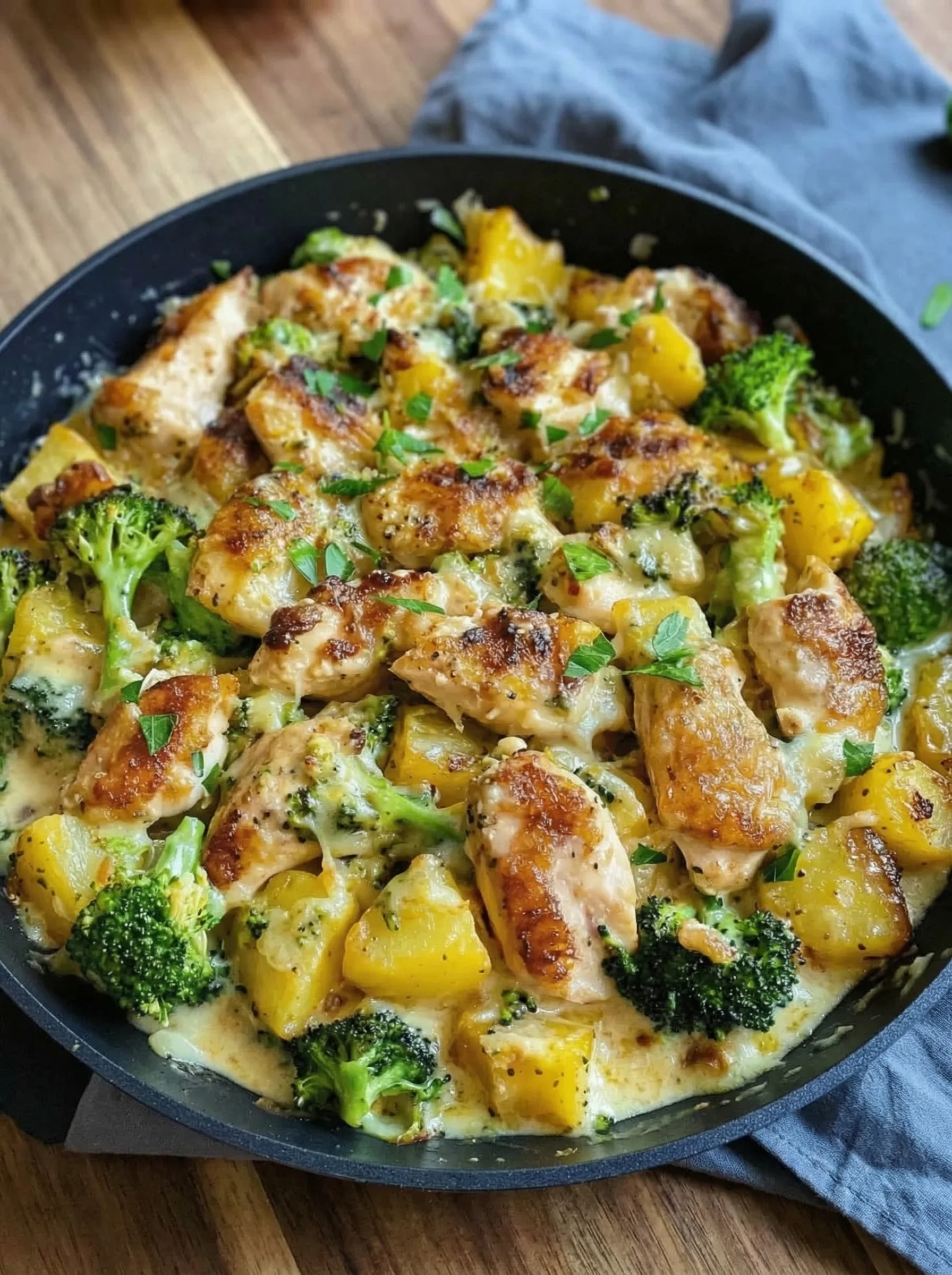 Eine Kartoffel-Hähnchen-Pfanne mit Brokkoli, die in einem schwarzen Teller präsentiert wird.