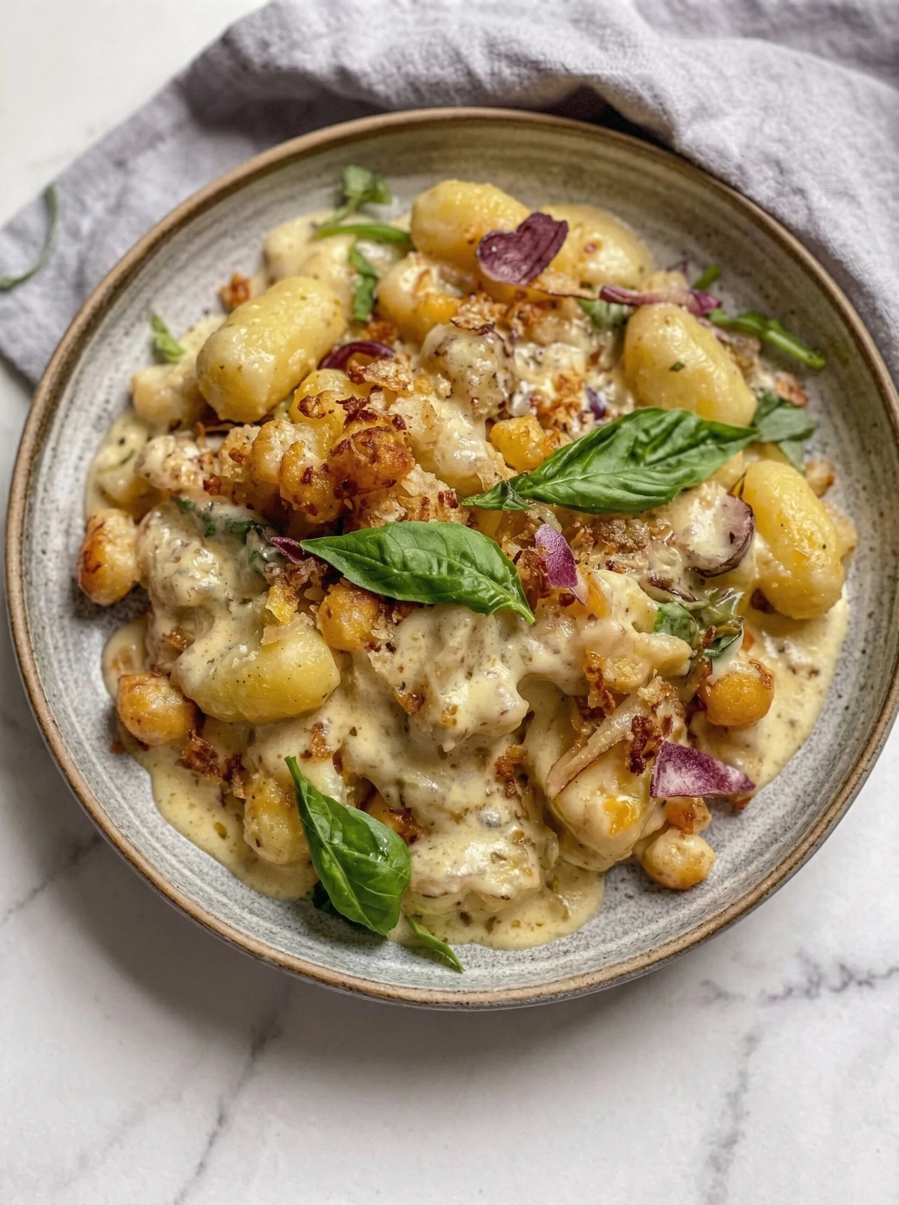 Ein Glas mit gebratener Gnocchi und karamellisiertem Blumenkohl.