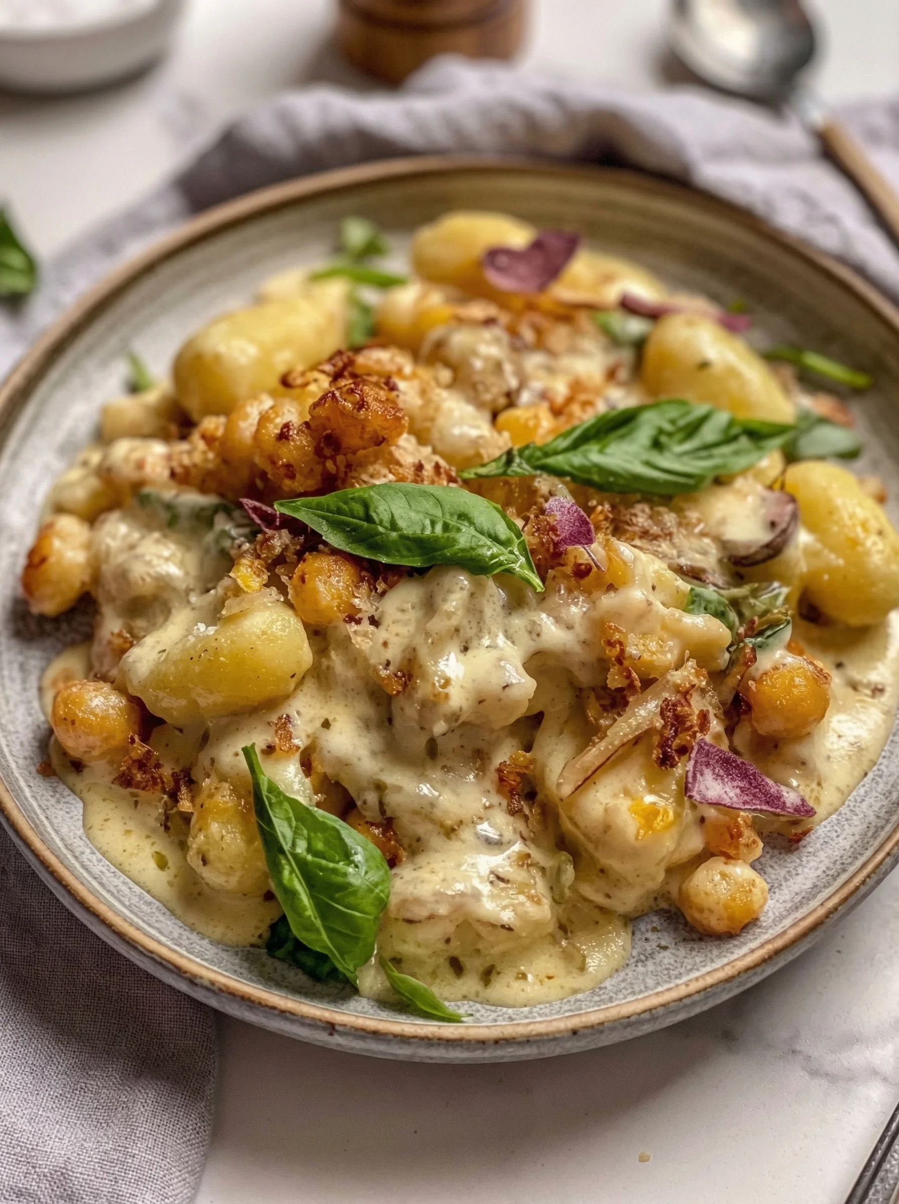 Eine Schüssel mit Gebratene Gnocchi und karamellisiertem Blumenkohl.
