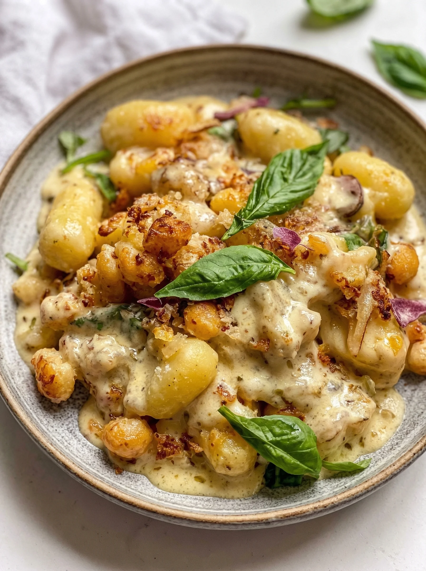 Schüssel mit gebratener Gnocchi und karamellisiertem Blumenkohl.
