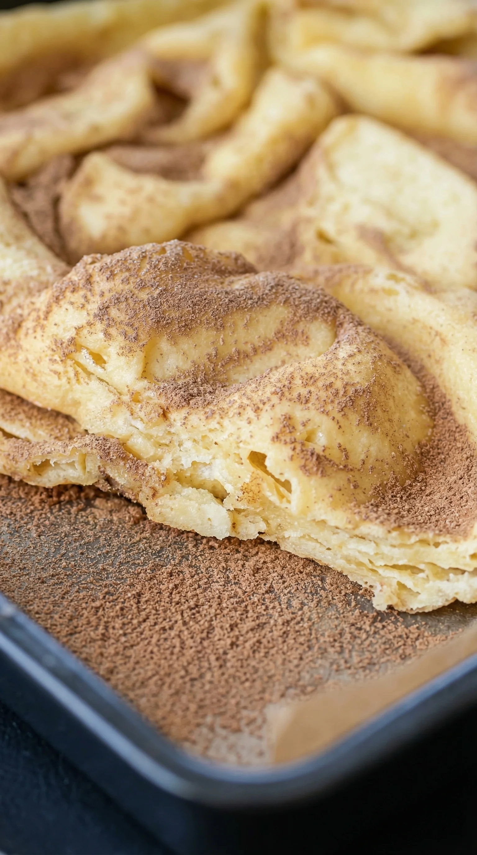 Ein Stück Ofenpfannkuchen mit Cinnamon-Zucker-Zutaten.