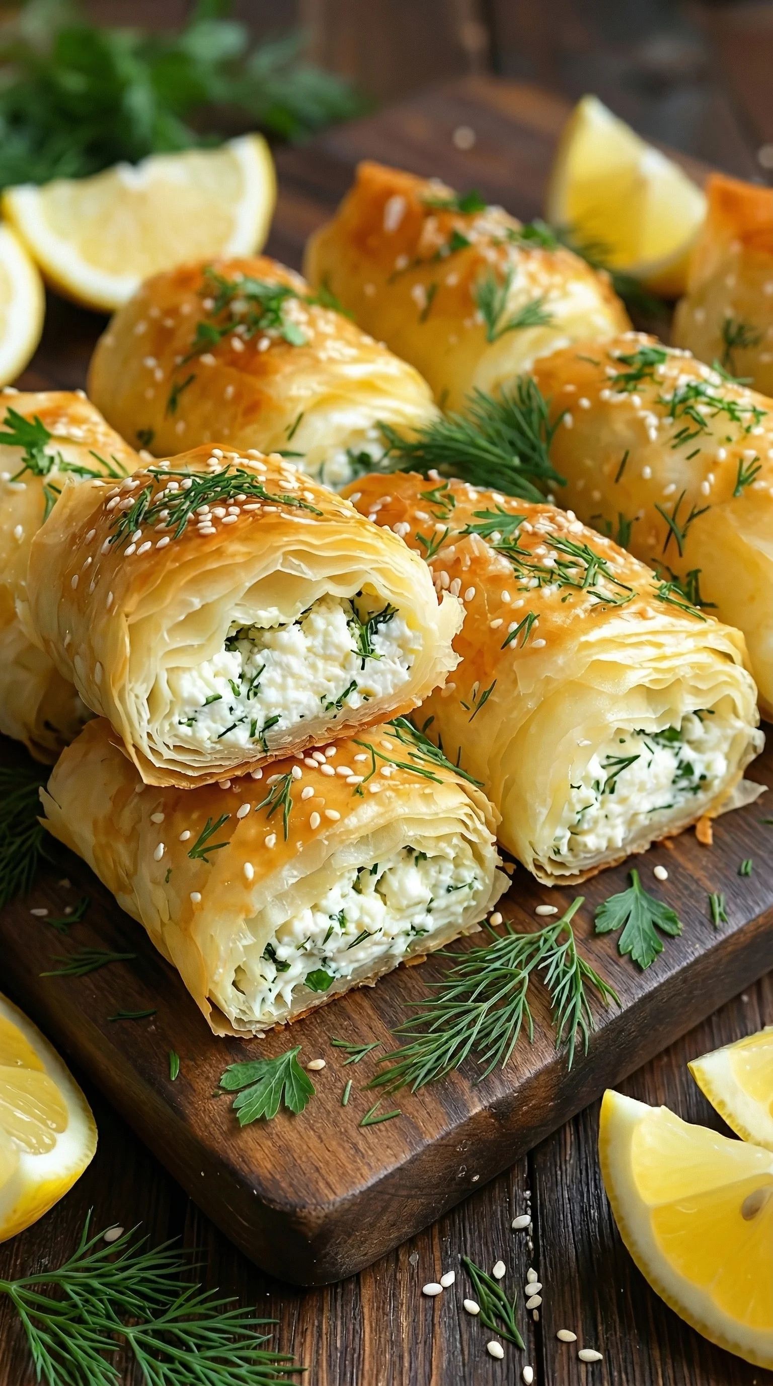 Ein Holzblock mit Oven Fried Feta Rolls, die knusprig und lecker genießen.
