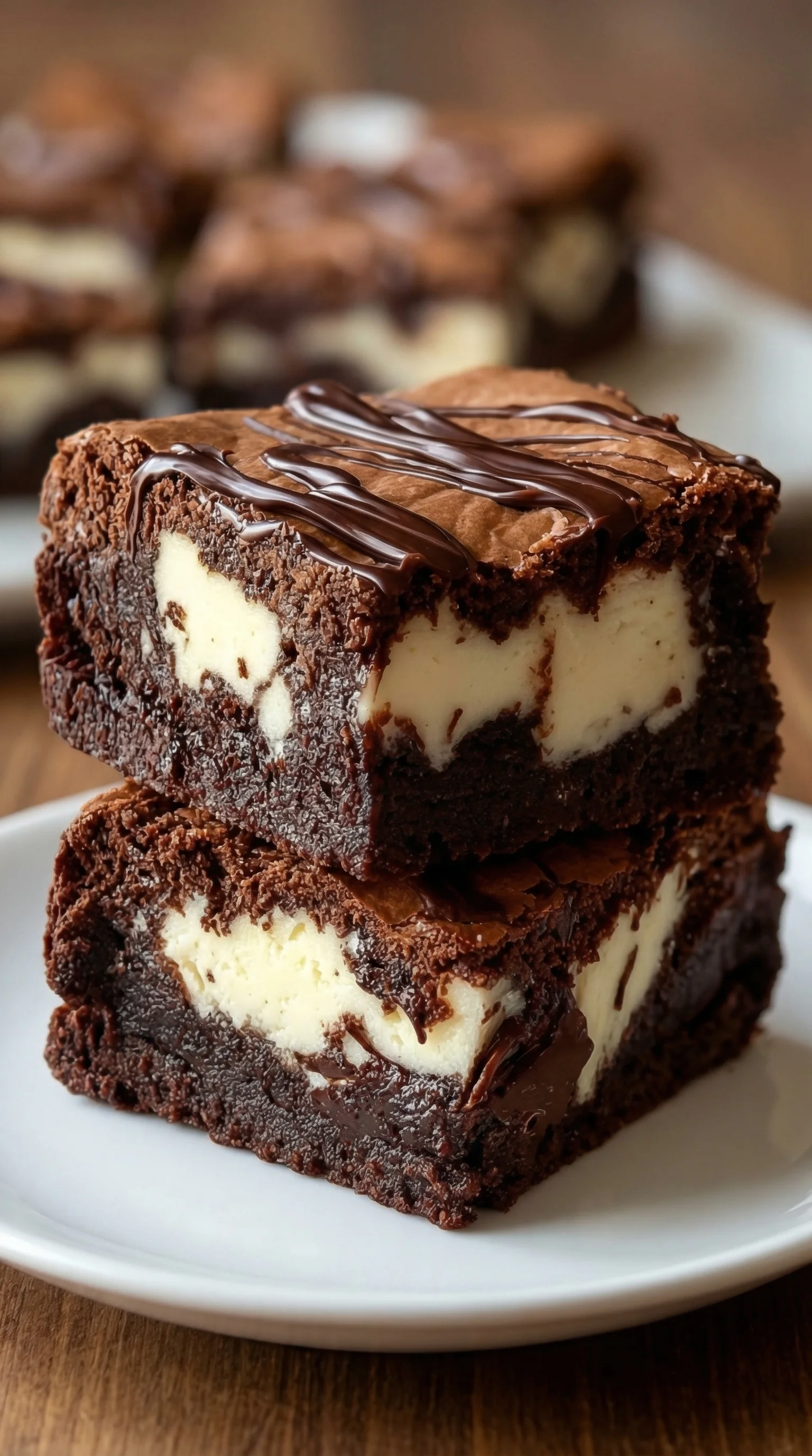 Frischkäse-Brownies auf einem weißen Teller.