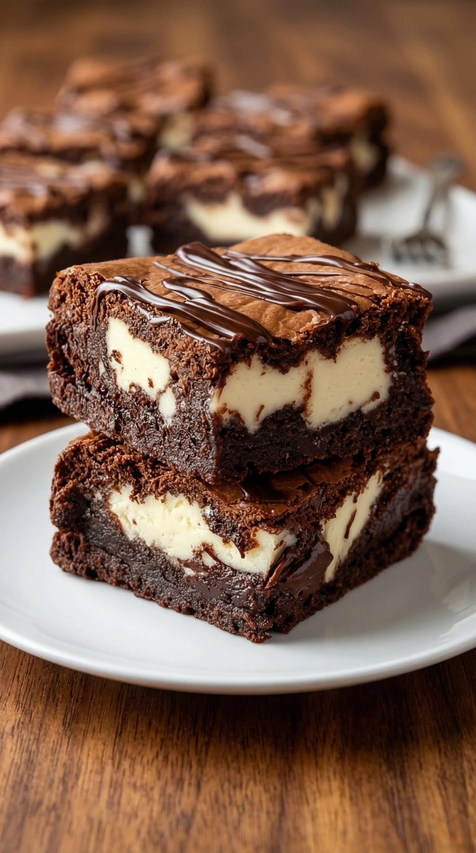 Zwei Frischkäse-Brownies auf einem weißen Teller.