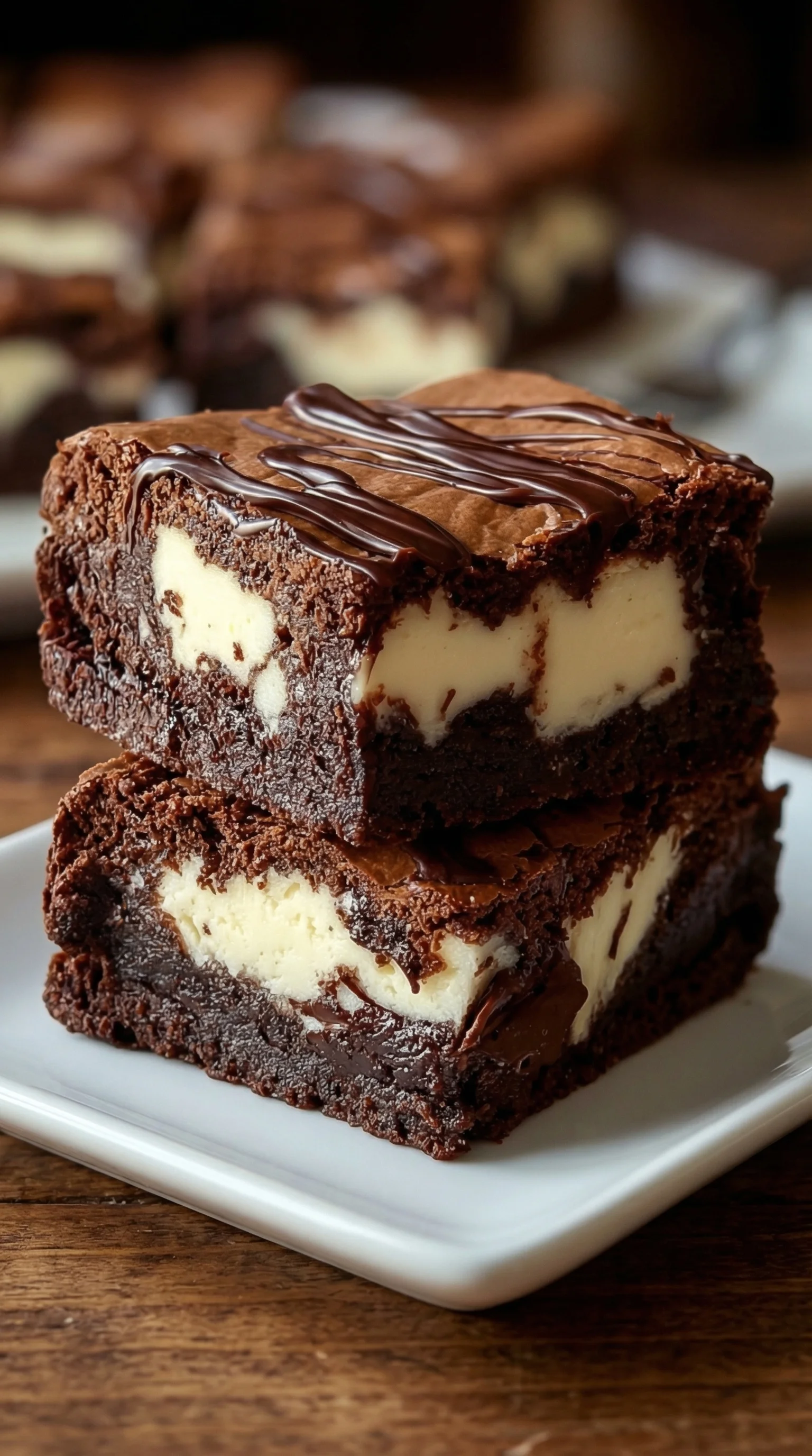 Frischkäse-Brownies auf einem weißen Teller.