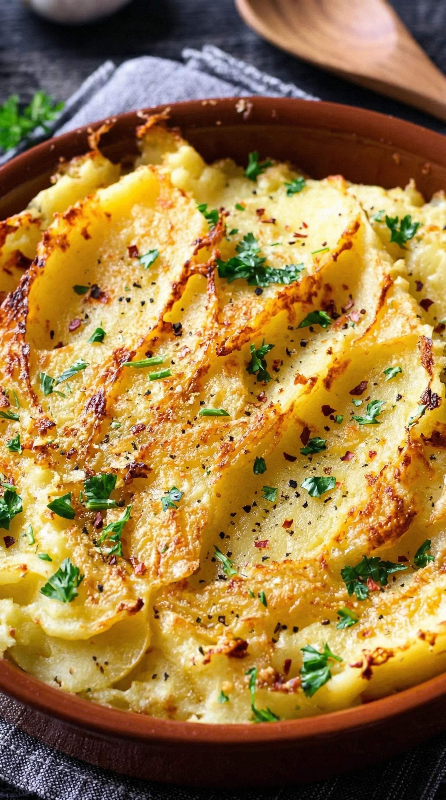 Eine Schüssel mit Kartoffelpüree, das mit Parmesan und Knoblauch garniert ist.