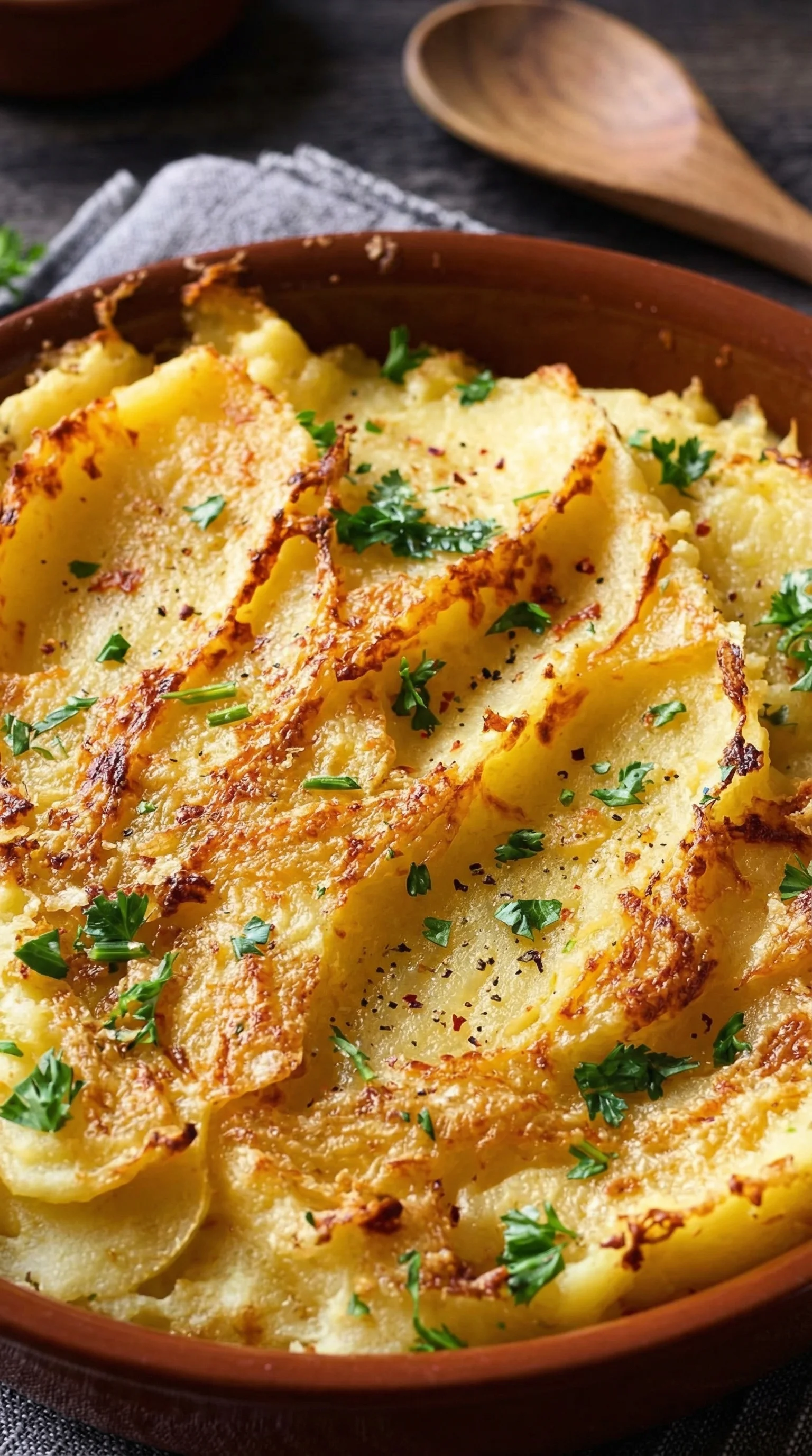 Eine Schüssel mit Gebackenes Kartoffelpüree, das mit Parmesan und Knoblauch garniert ist.