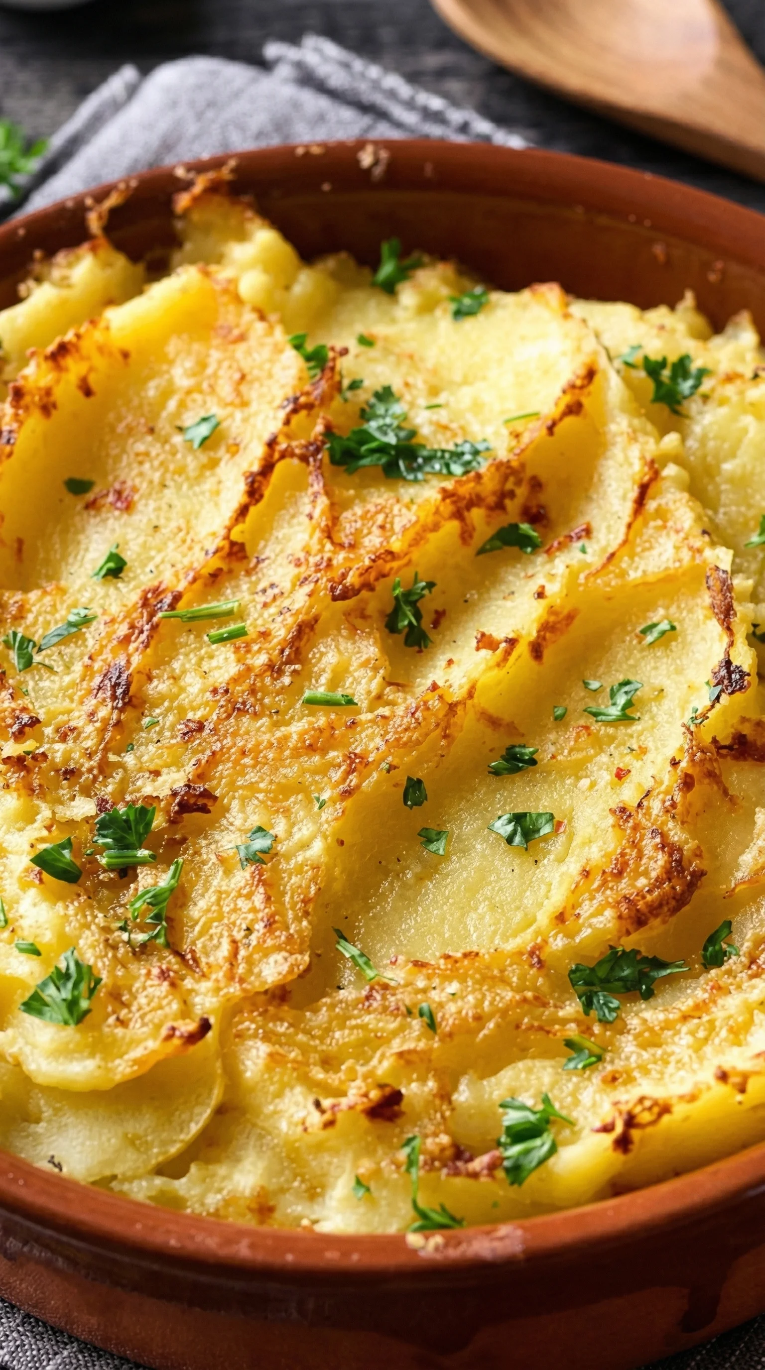 Eine Schüssel mit Gebackenes Kartoffelpüree, das mit Parmesan und Knoblauch garniert ist.