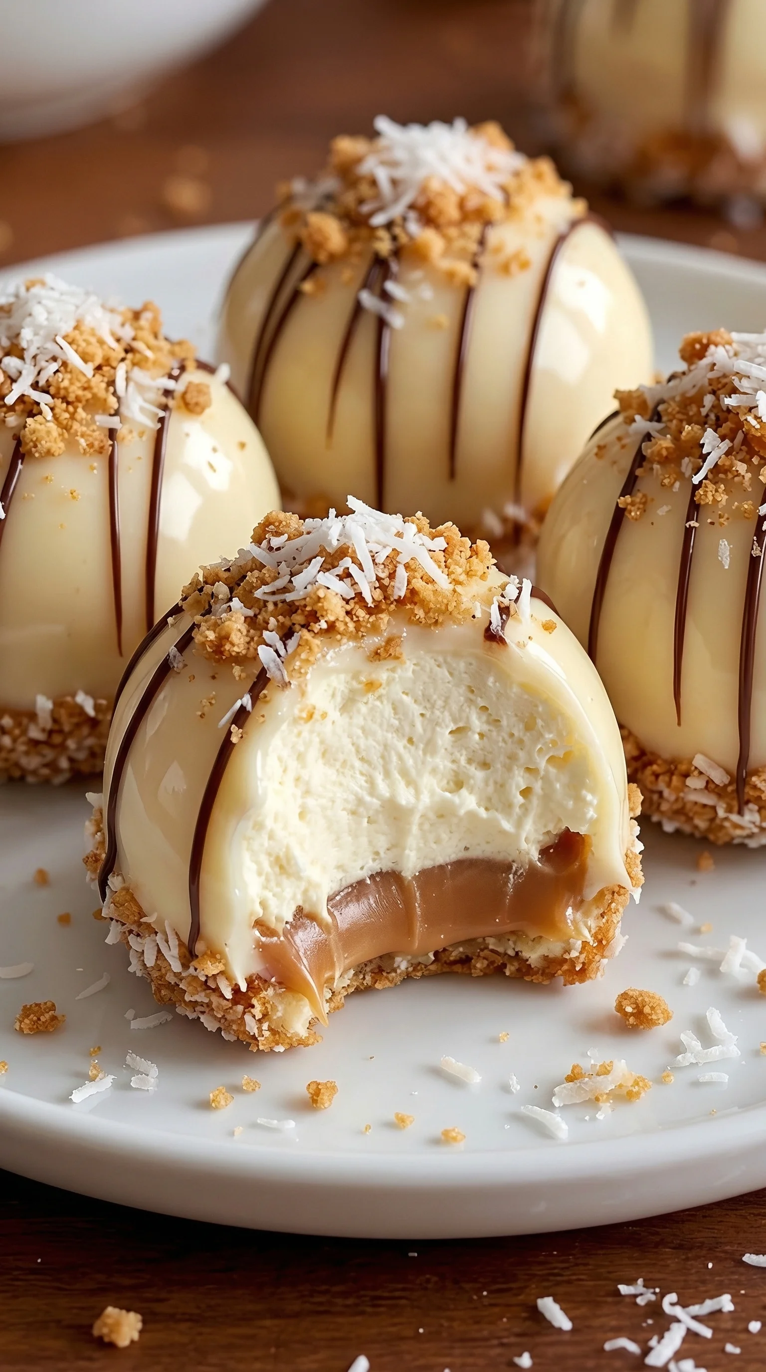 Ein Käsekuchen mit Kugeln und Käsekugeln.