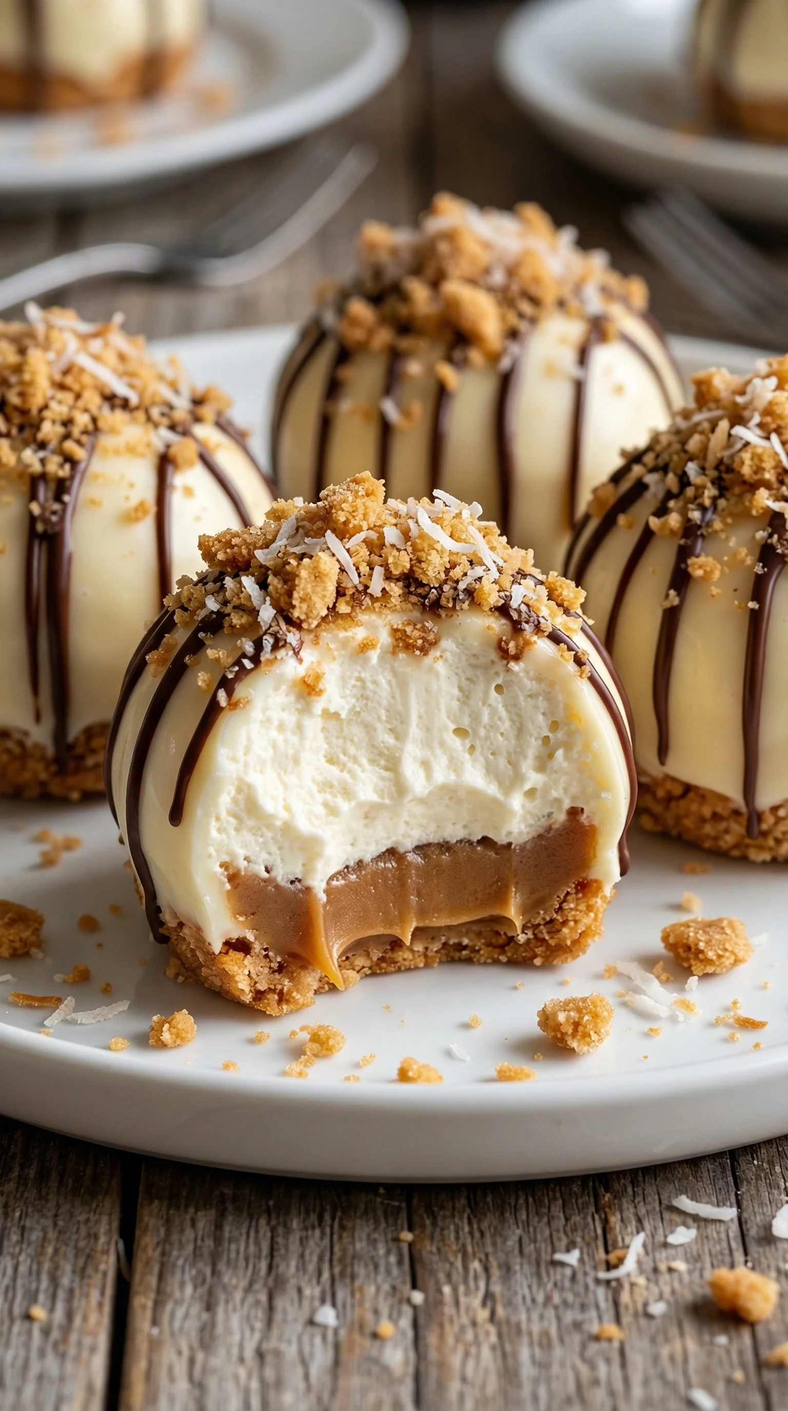 Ein weißer Käsekuchen mit Kugeln und Kokosnuss.