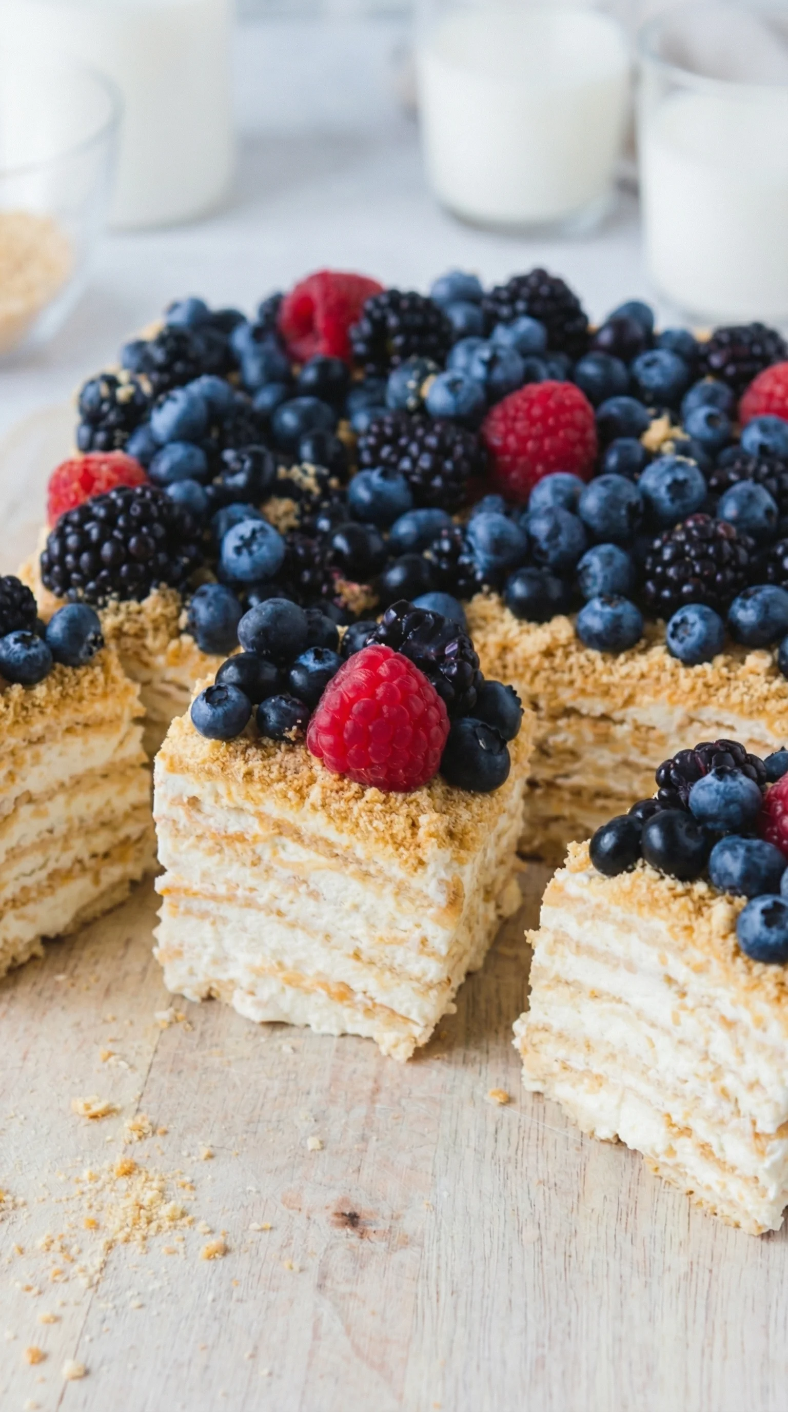 Ein Milchmädchenkuchen mit Raspberry-Fruchtgarnitur auf einem Tisch.