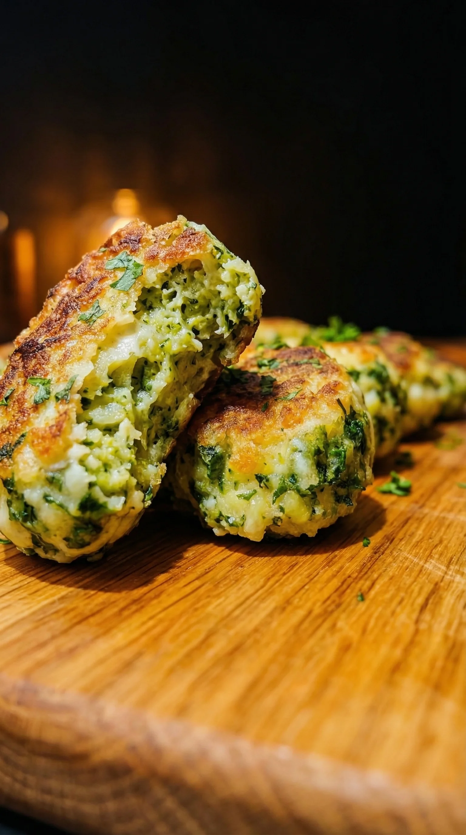 Zwei Brokkoli Nuggets mit Käse und Haferflocken auf einem Tisch.