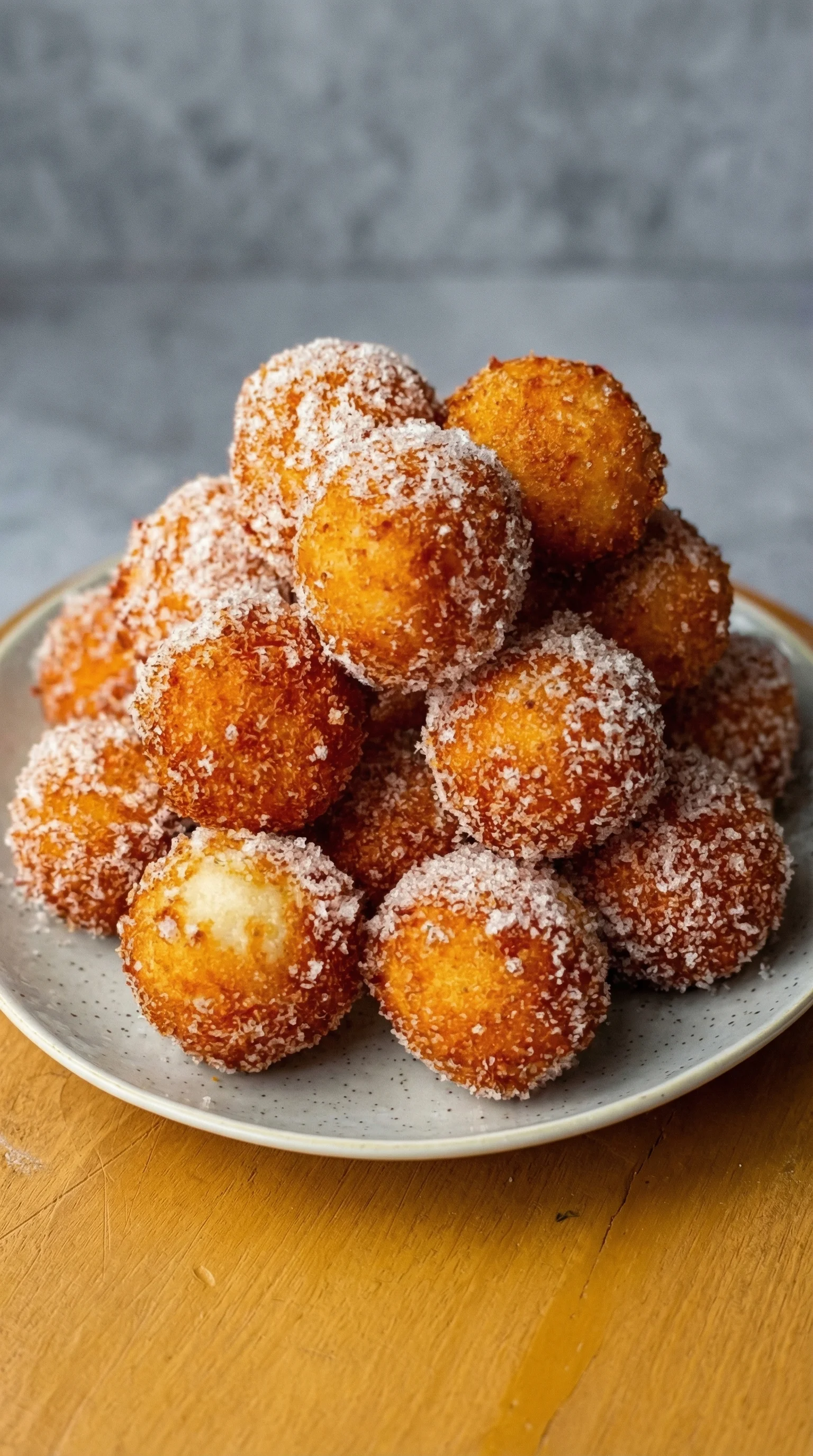 Eine Platte mit Fluffigen Quarkbällchen aus dem Airfryer.