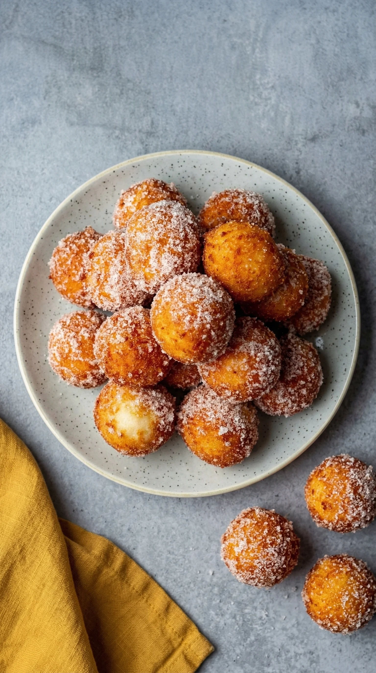 Ein weißer Teller mit Fluffigen Quarkbällchen aus dem Airfryer.