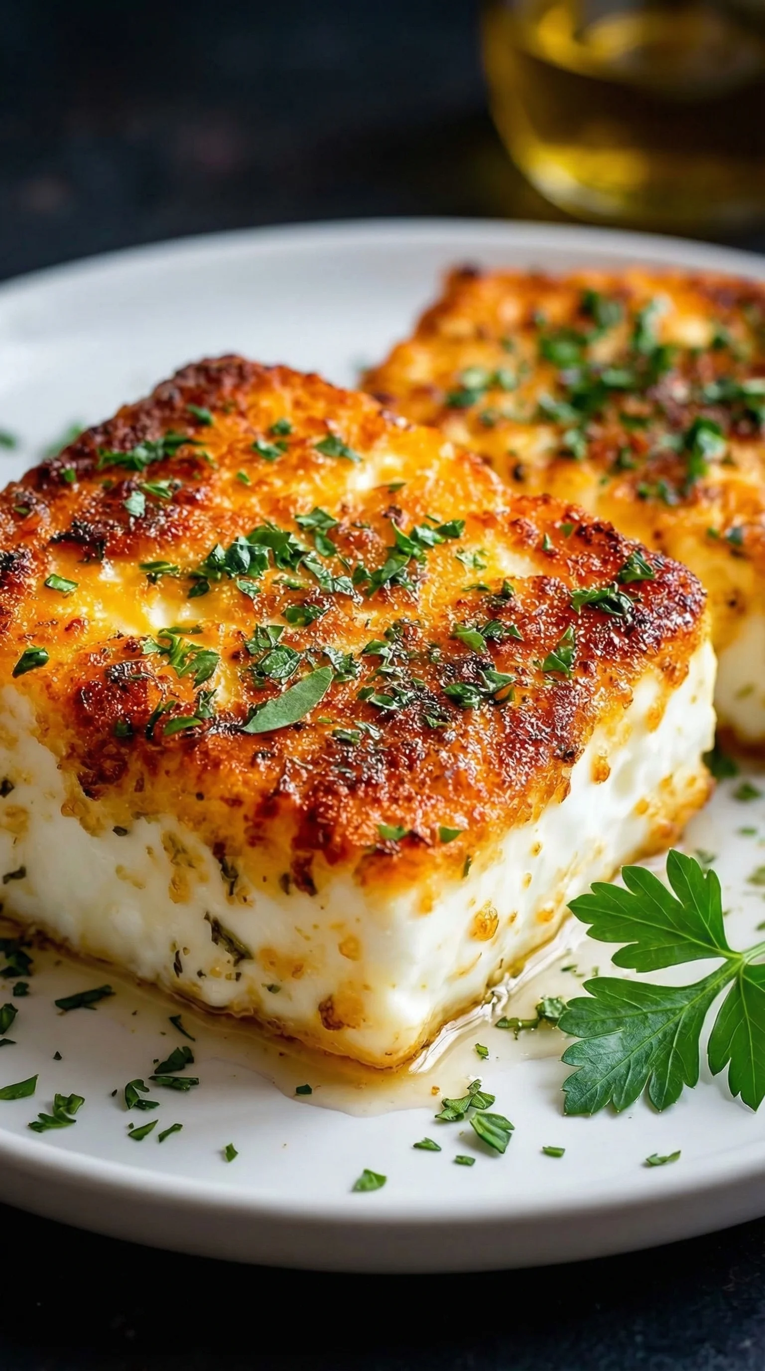 Ein Knuspriger Feta aus dem Airfryer auf einem weißen Teller.