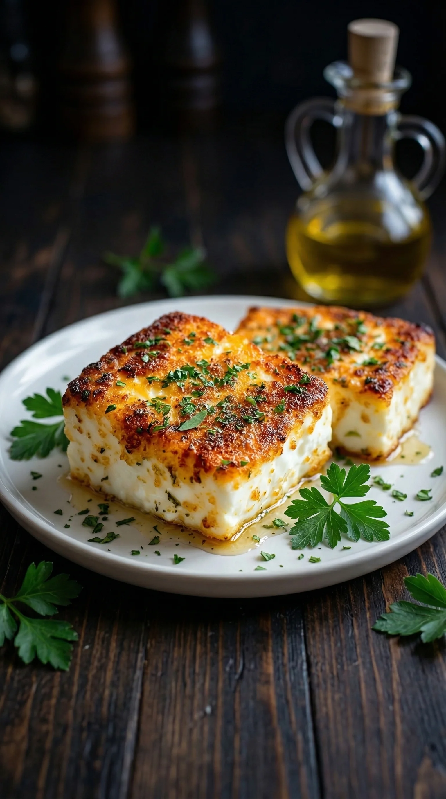Ein wei&szlig;er Teller mit zwei Knusprigen Feta aus dem Airfryer.