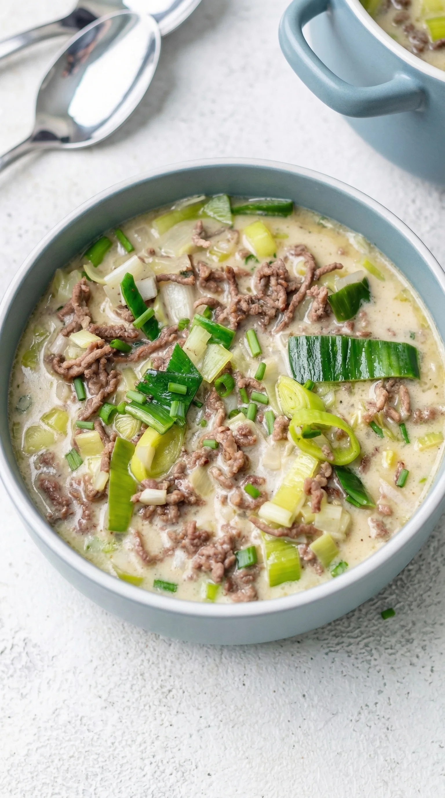 Einfache Käse-Lauch-Suppe mit vielen grünen Zwiebeln und Rindfleisch.