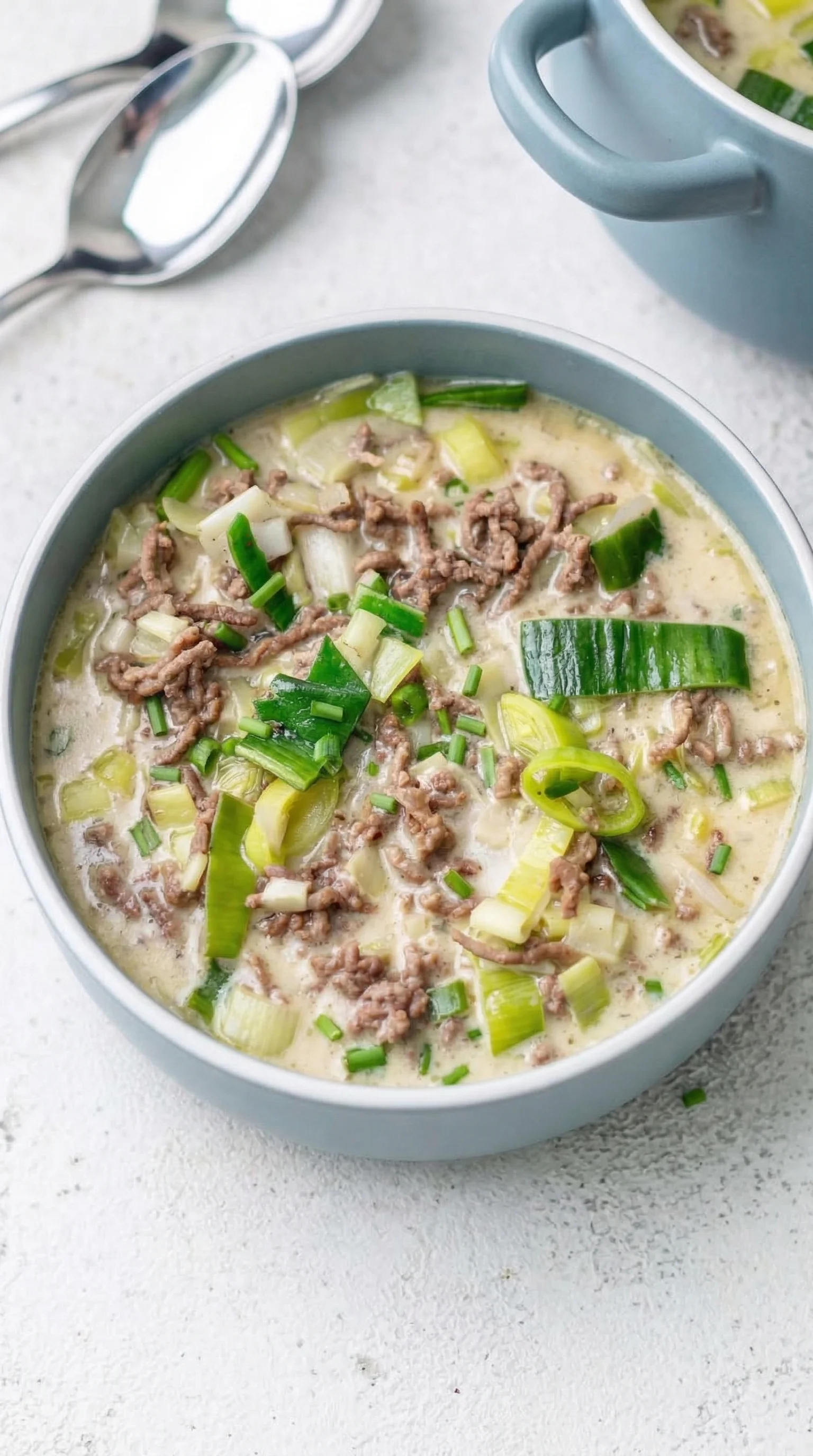 Einfache Käse-Lauch-Suppe in einem weißen Behälter mit grünen Zwiebeln und Rindfleisch.