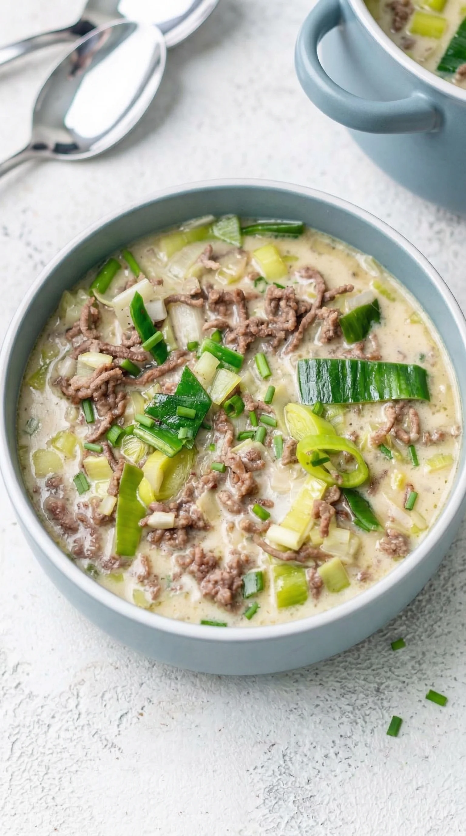 Einfache Käse-Lauch-Suppe mit vielen grünen Zwiebeln und Rindfleisch.