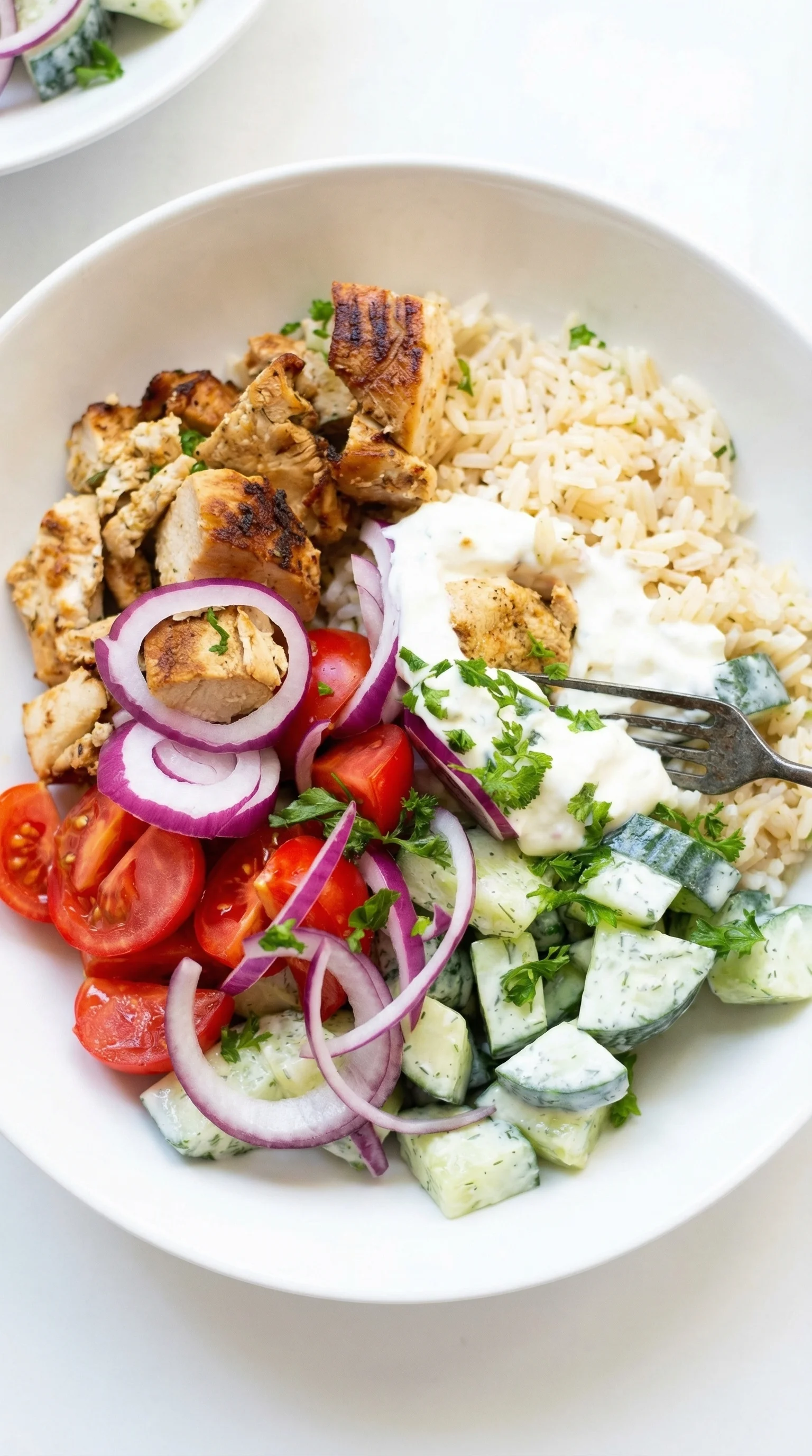 Eine Griechische Hähnchen-Tzatziki Bowl mit verschiedenen Gemüsearten wie Tomaten, Zucchini, Onion, Parsley und Basilikum.