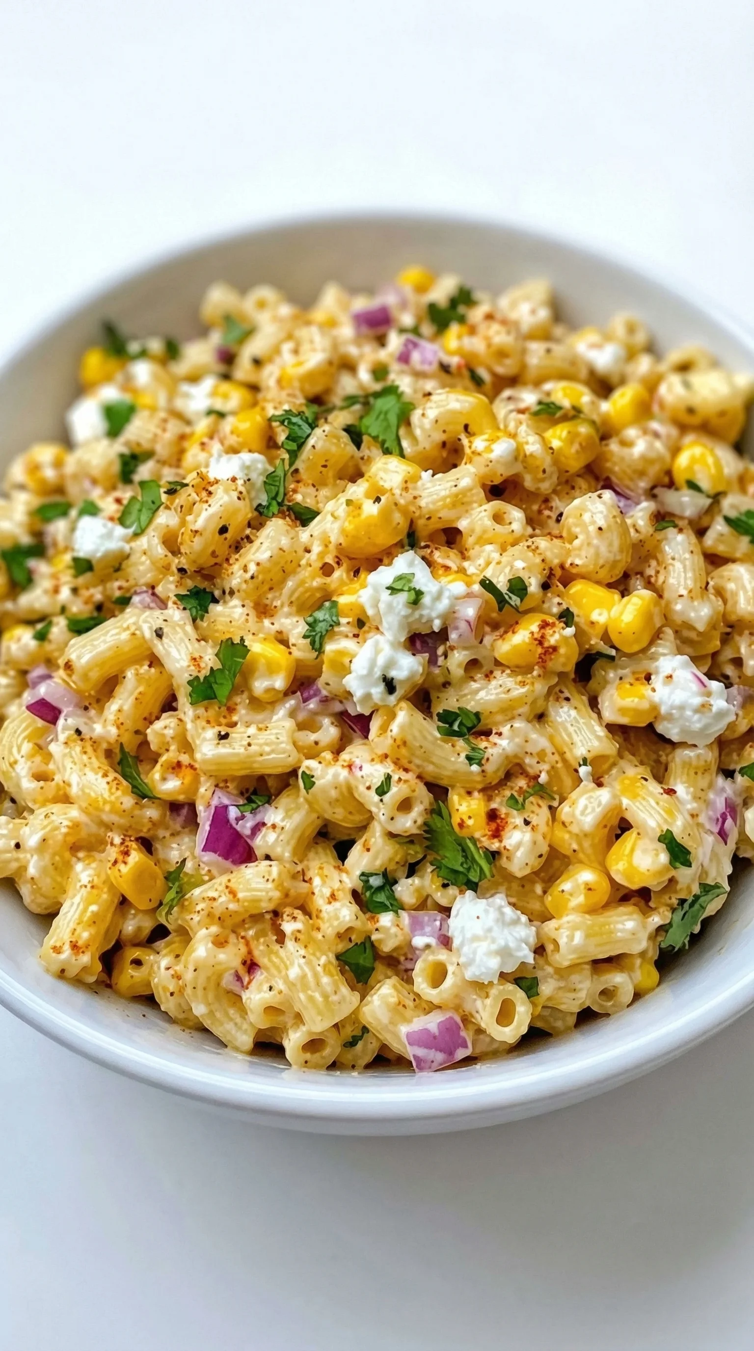 Ein weißer Teller mit einer Mischung aus Pasta, Mais und Käse.