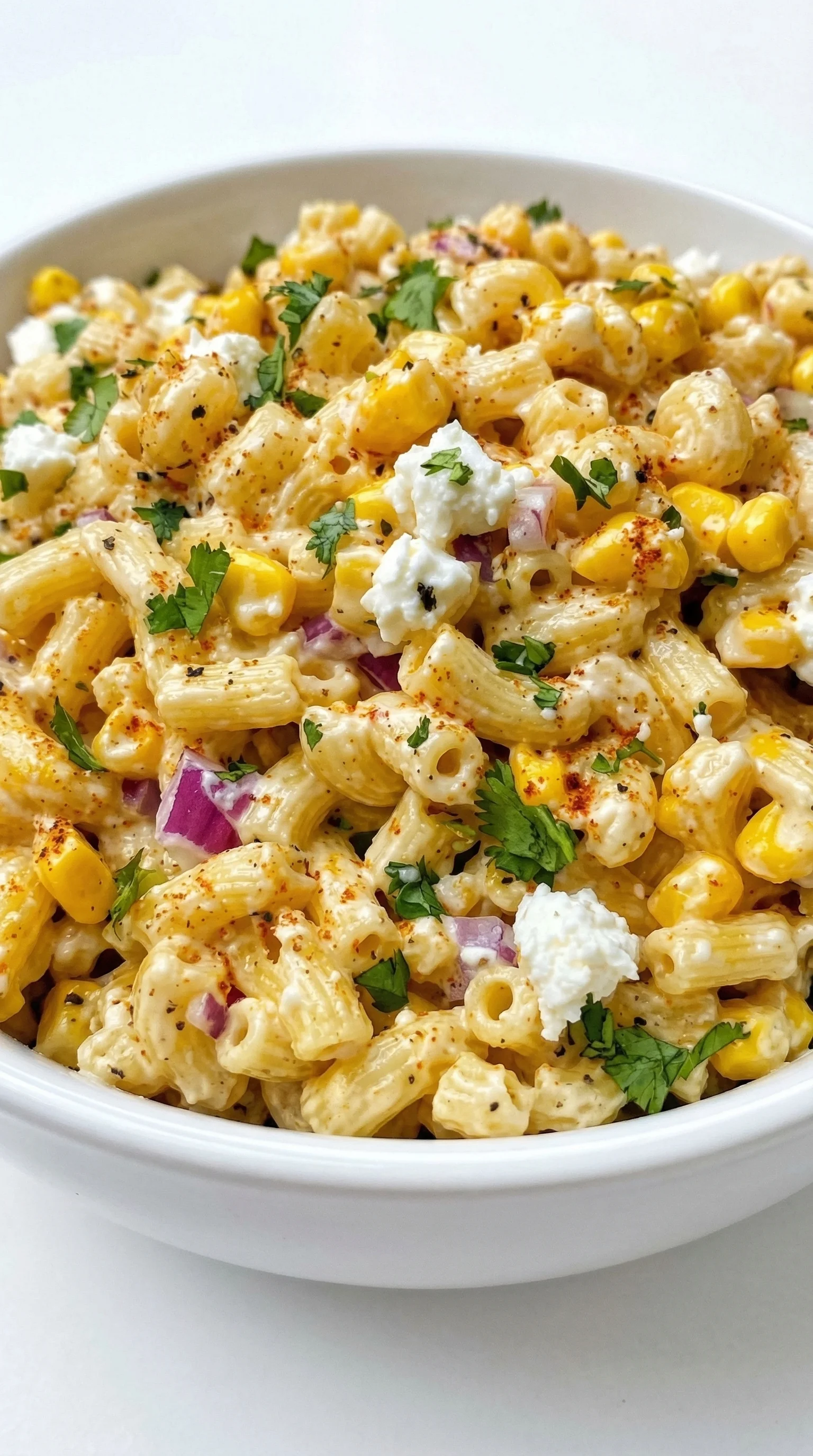 Ein Bild von einer mexikanischen Pasta-Salat mit Mais, Kartoffeln, Tomaten, Zwiebeln und Käse.