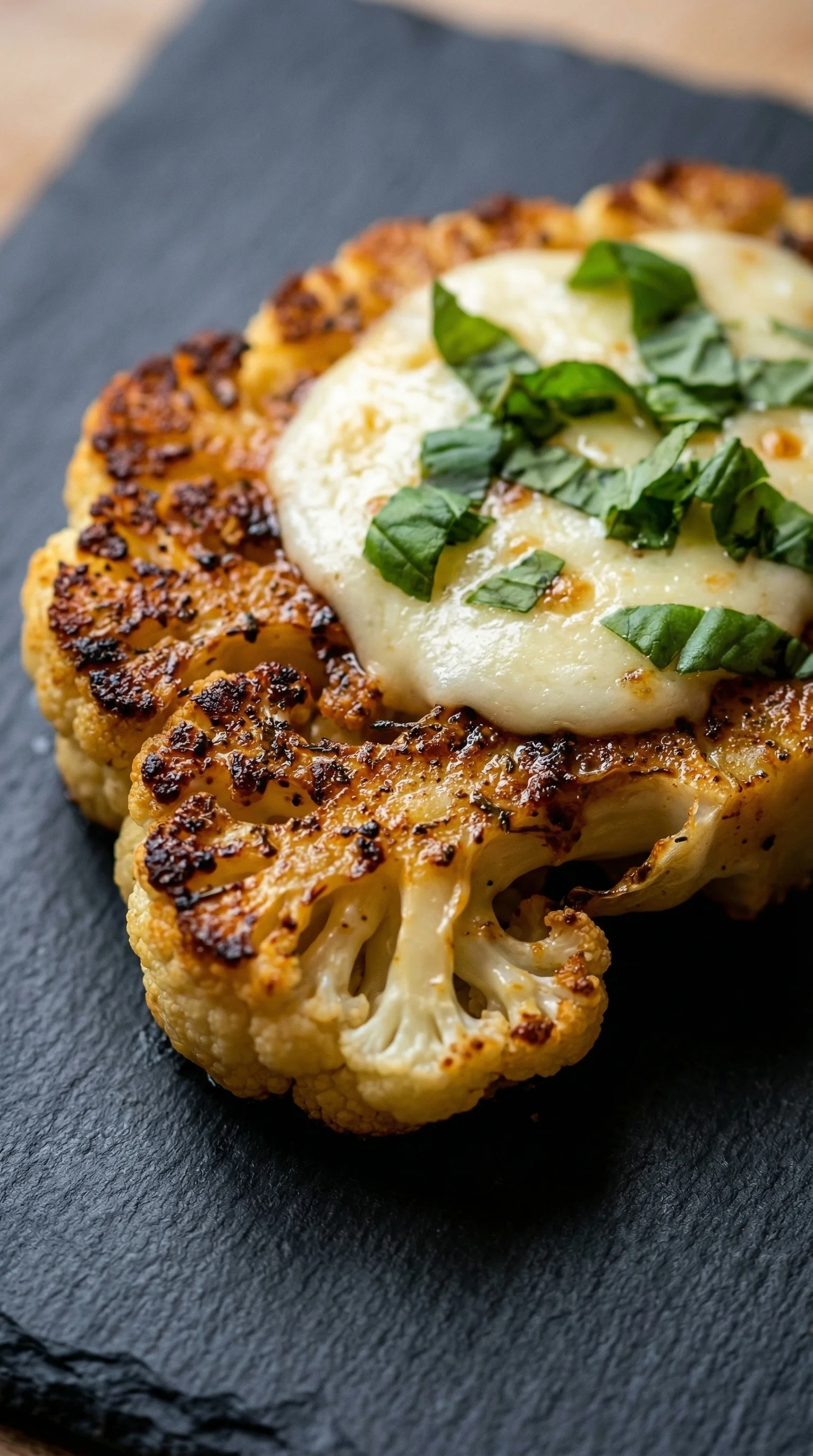 Art von Gebackener Mozzarella-Blumenkohlsteaks, die auf einem Tisch liegen.