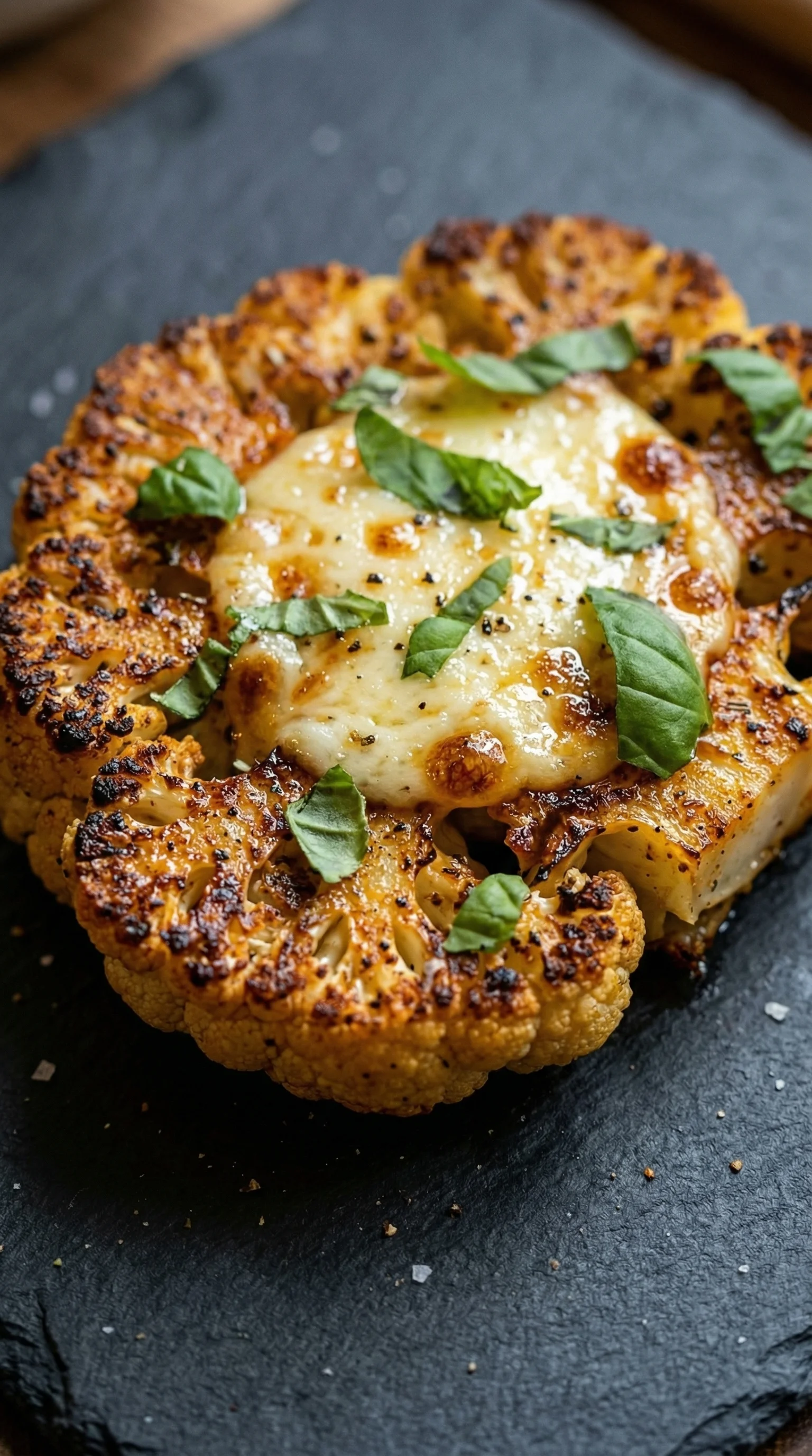 Eine Art von Gebackener Mozzarella-Blumenkohlsteaks, die auf einem Teller liegen.
