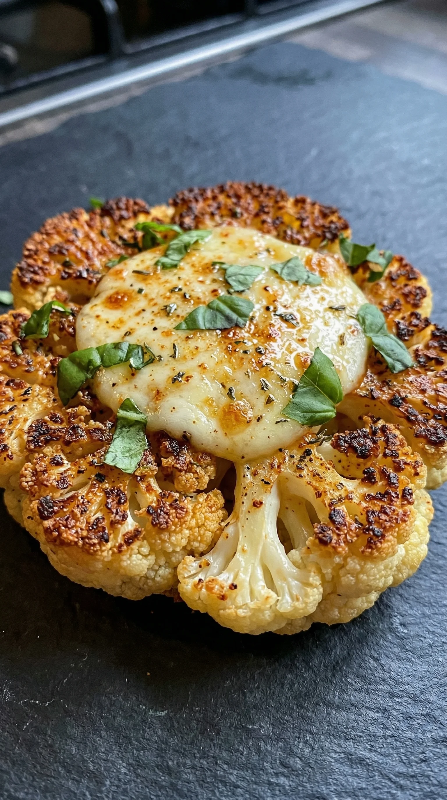 Eine Art von Blumenkohl mit Mozzarella-Käse darauf.