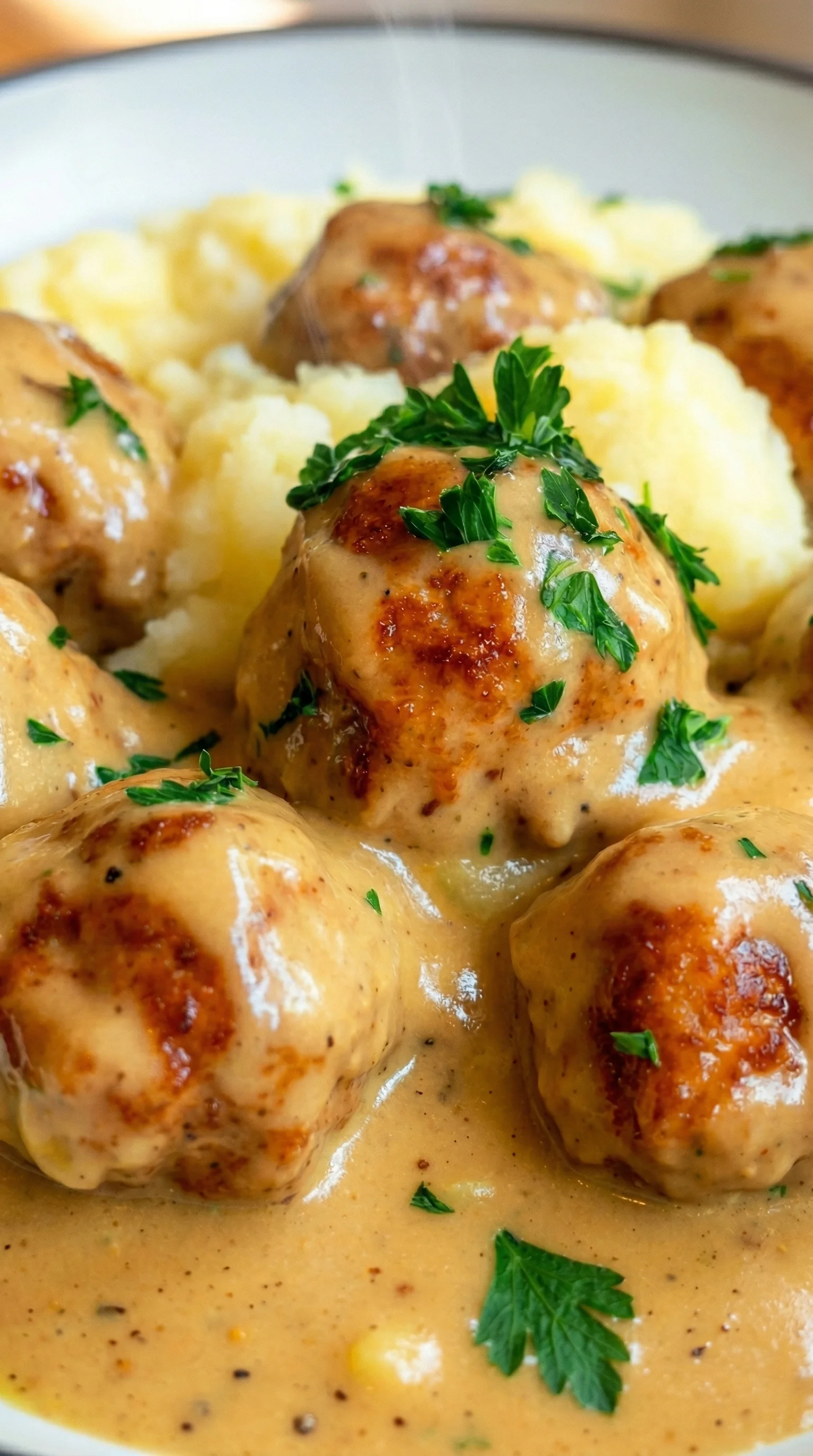 Ein Bild von Hackbällchen in cremiger Sauce, die auf einer Platte mit Kartoffelpüree liegen.