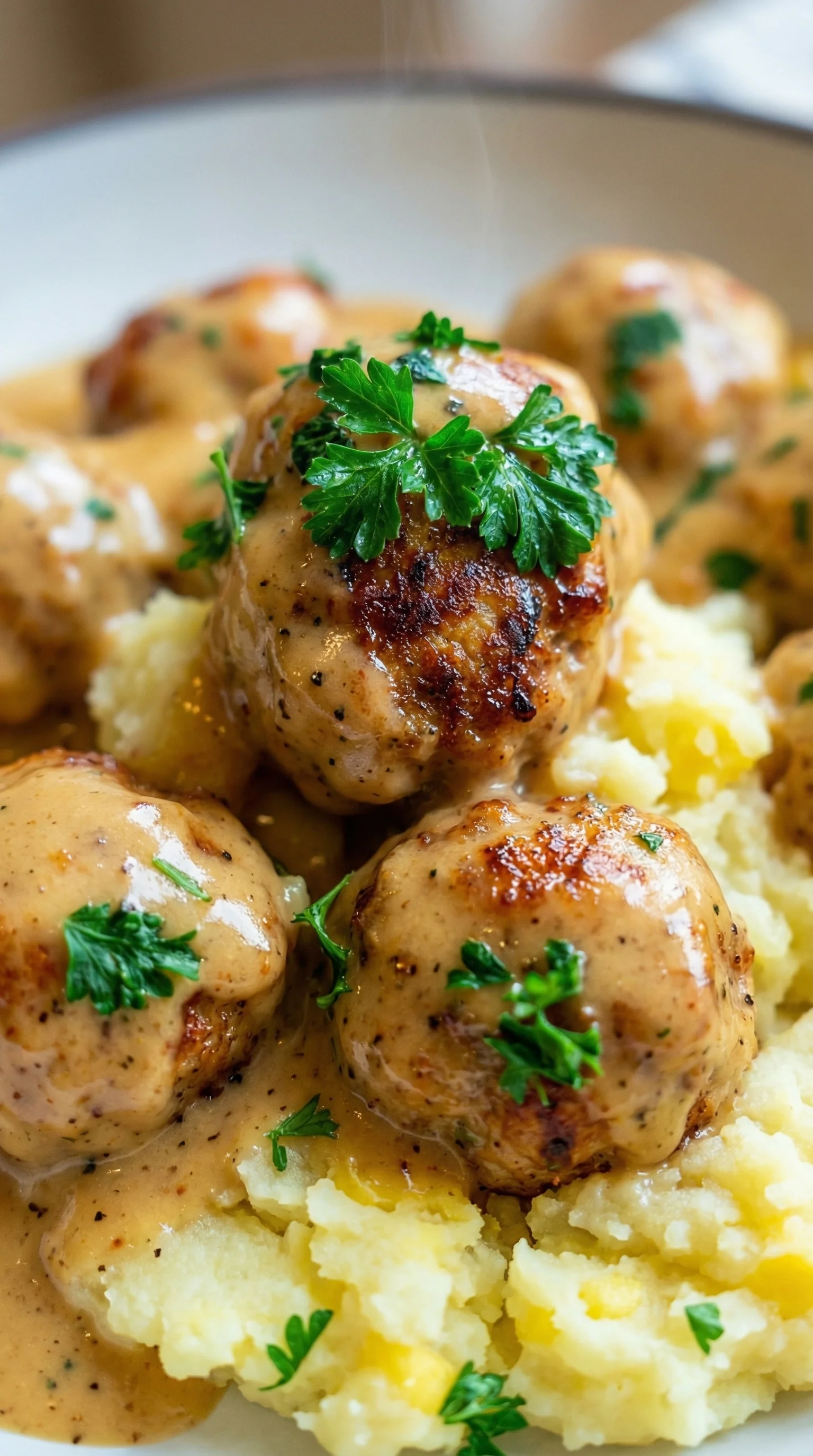 Hackbällchen in cremiger Sauce mit Kartoffelpüree.