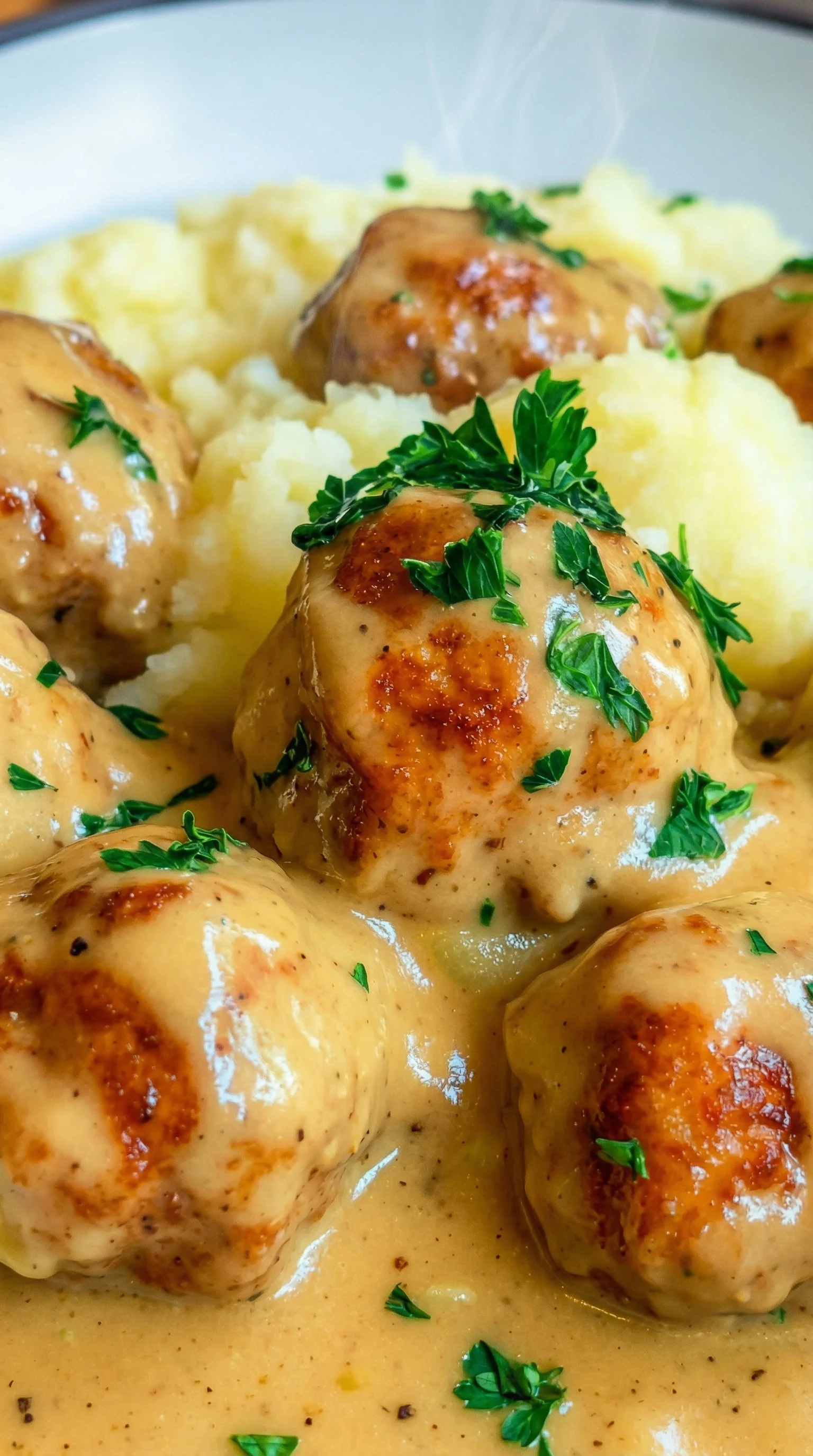 von Hackbällchen in cremiger Sauce, die auf einer Platte mit Kartoffelpüree liegen.