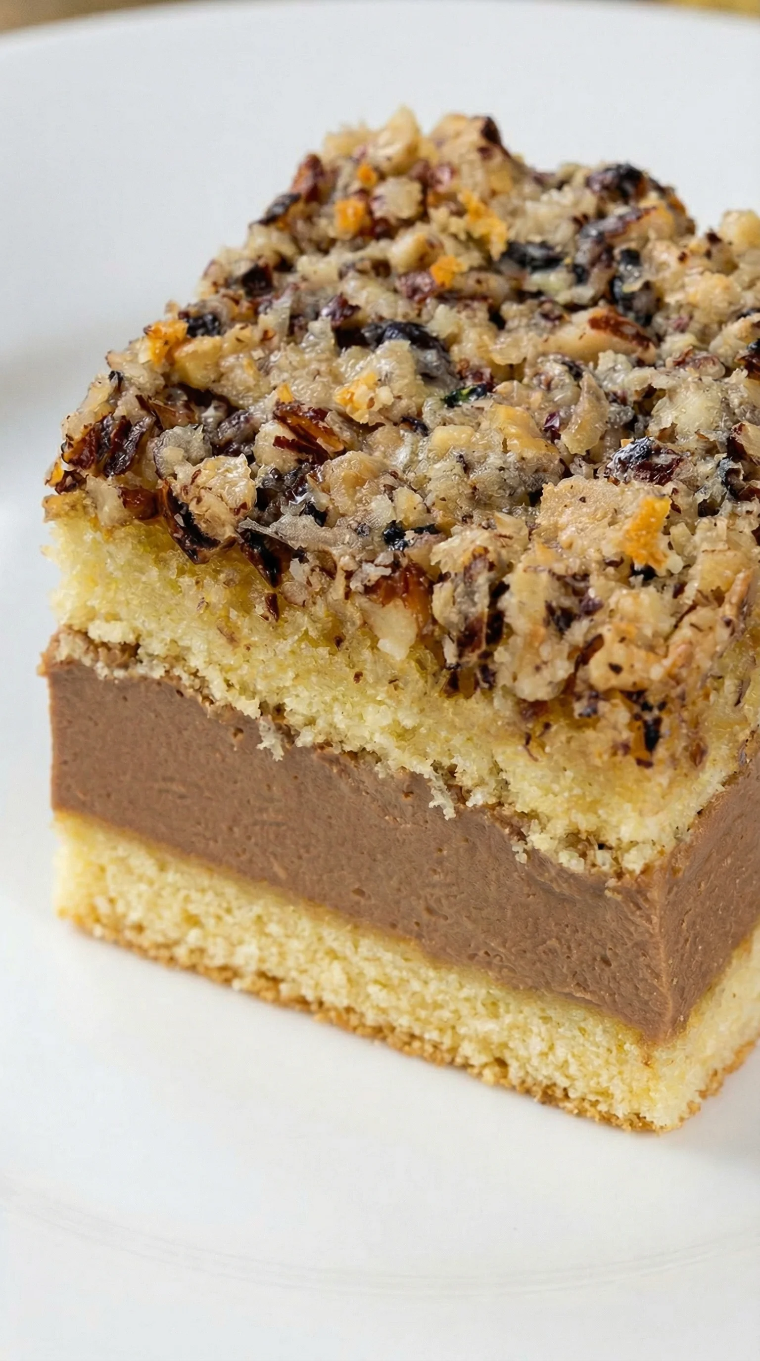 Ein Nusskuchen mit Nougatcreme auf einem weißen Teller.