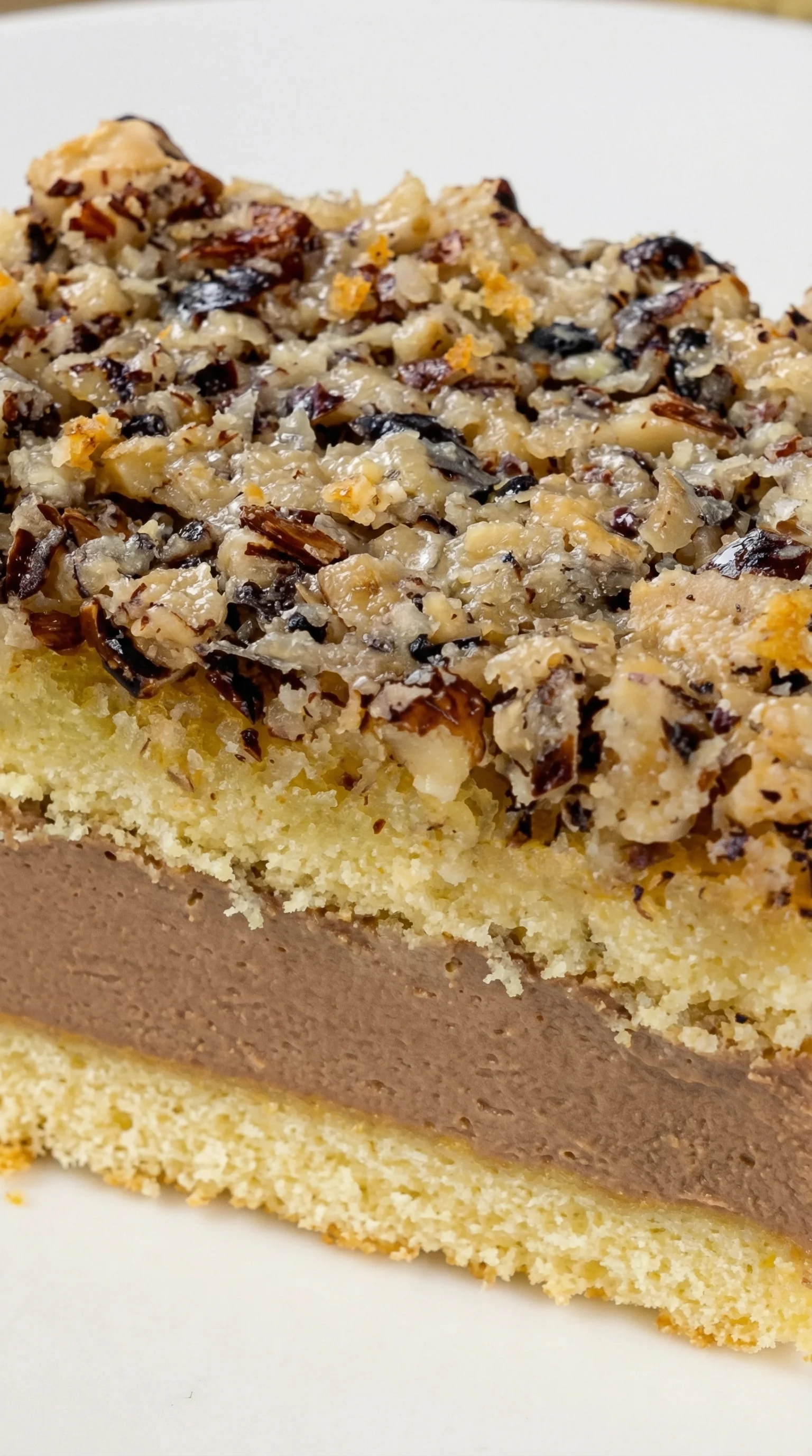 Ein Stück Nusskuchen mit Nougatcreme.