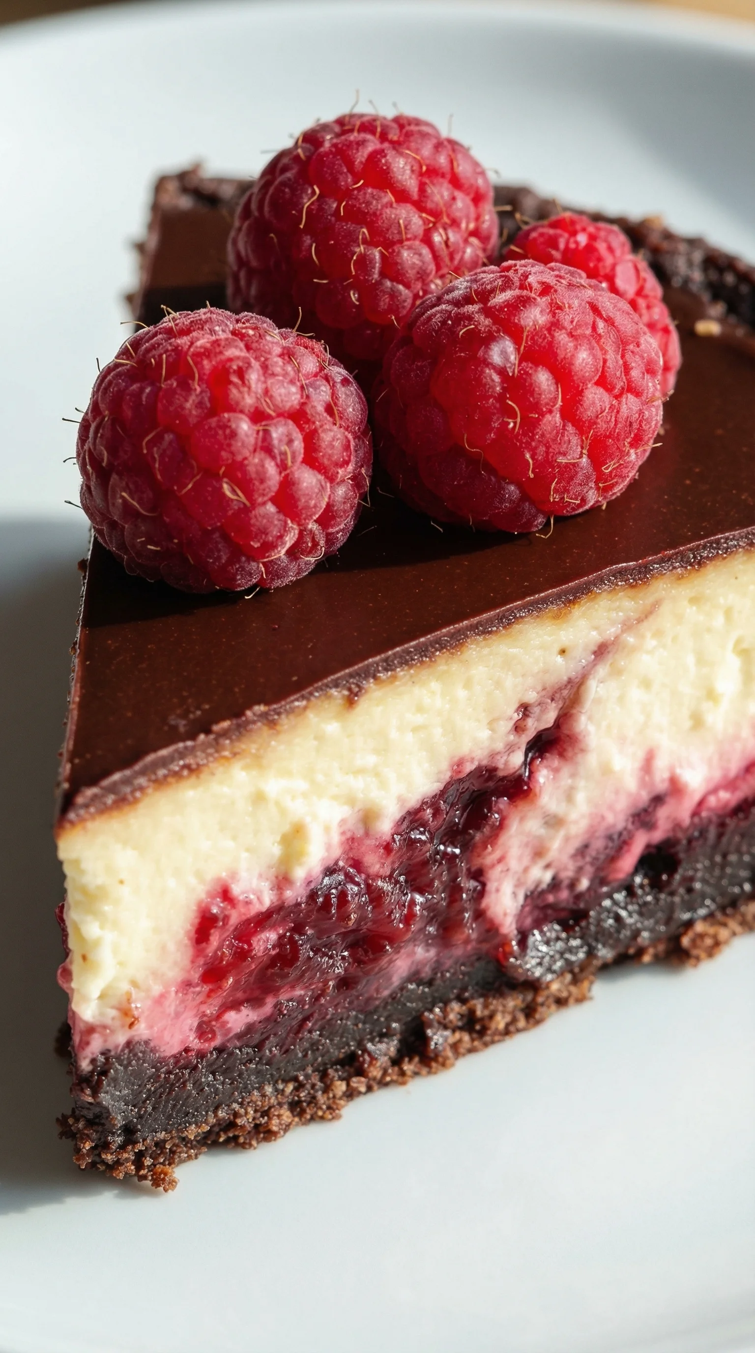 Eine Schokoladen-Himbeer-Brownie-Cheesecake mit Raspberries darauf.