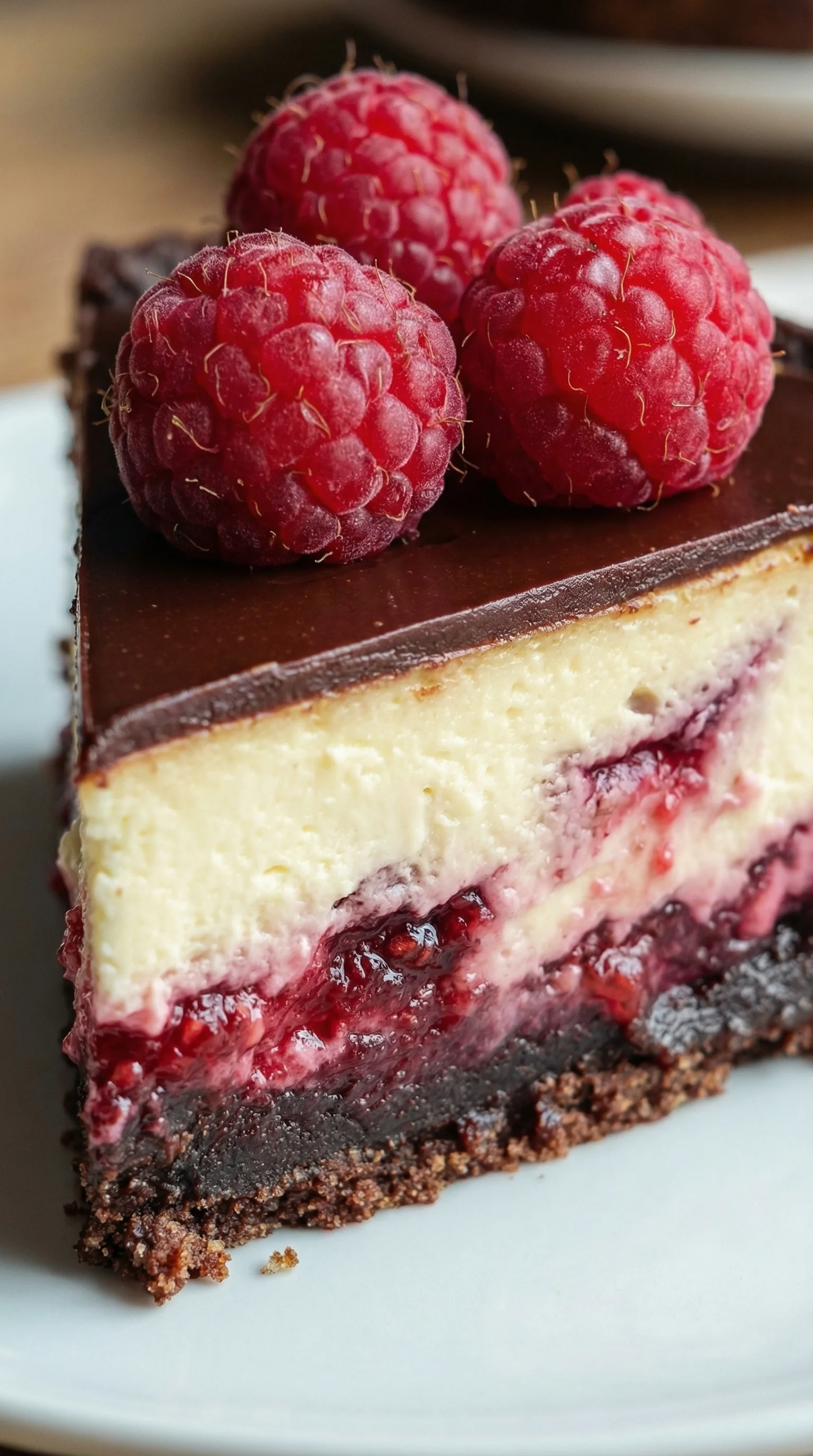 Eine Schokoladencake mit Himbeeren darauf.