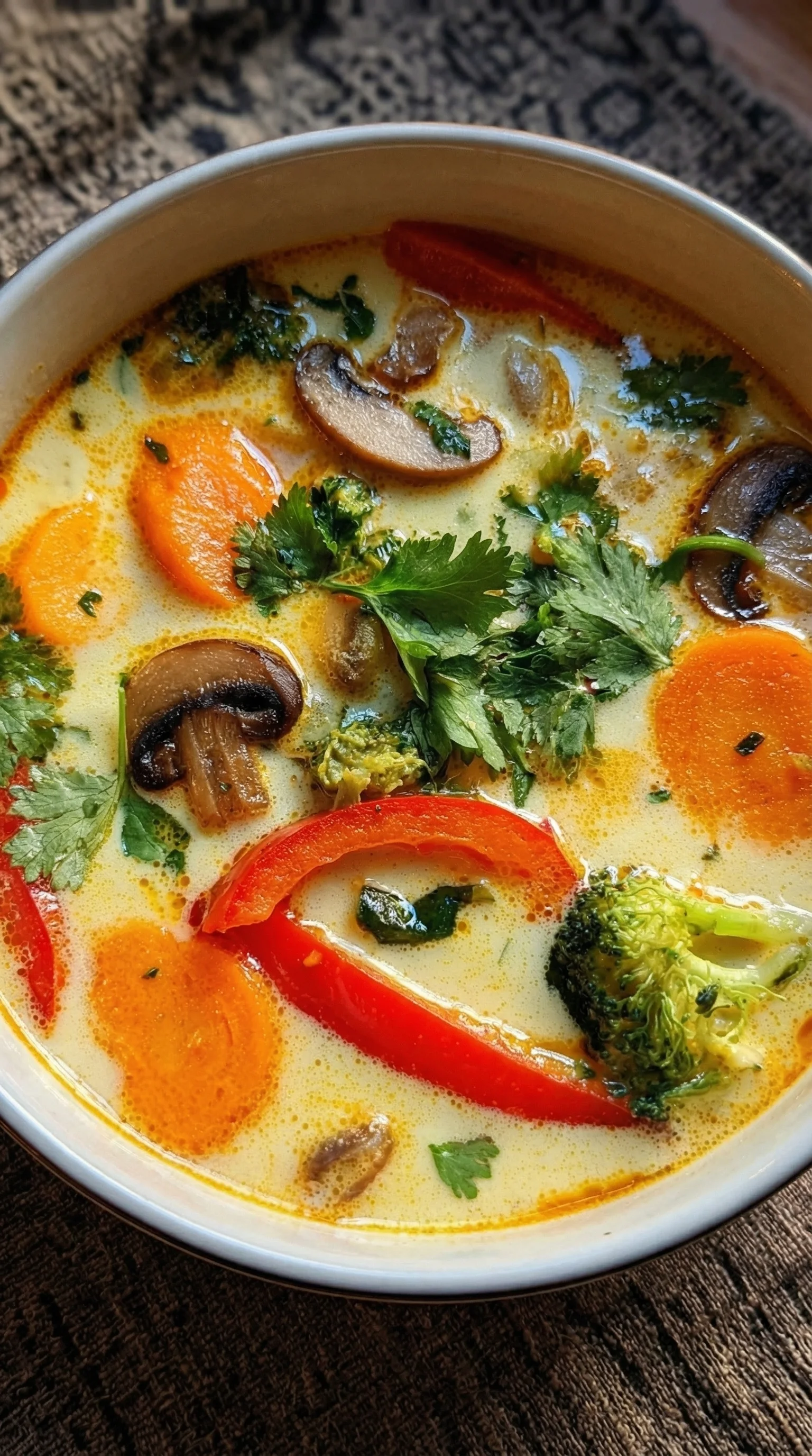 Eine Thai-Kokos-Suppe mit Gemuese, die aus einer Mischung aus Kokosmilch, Gemüse, Koriander und Zwiebeln besteht.