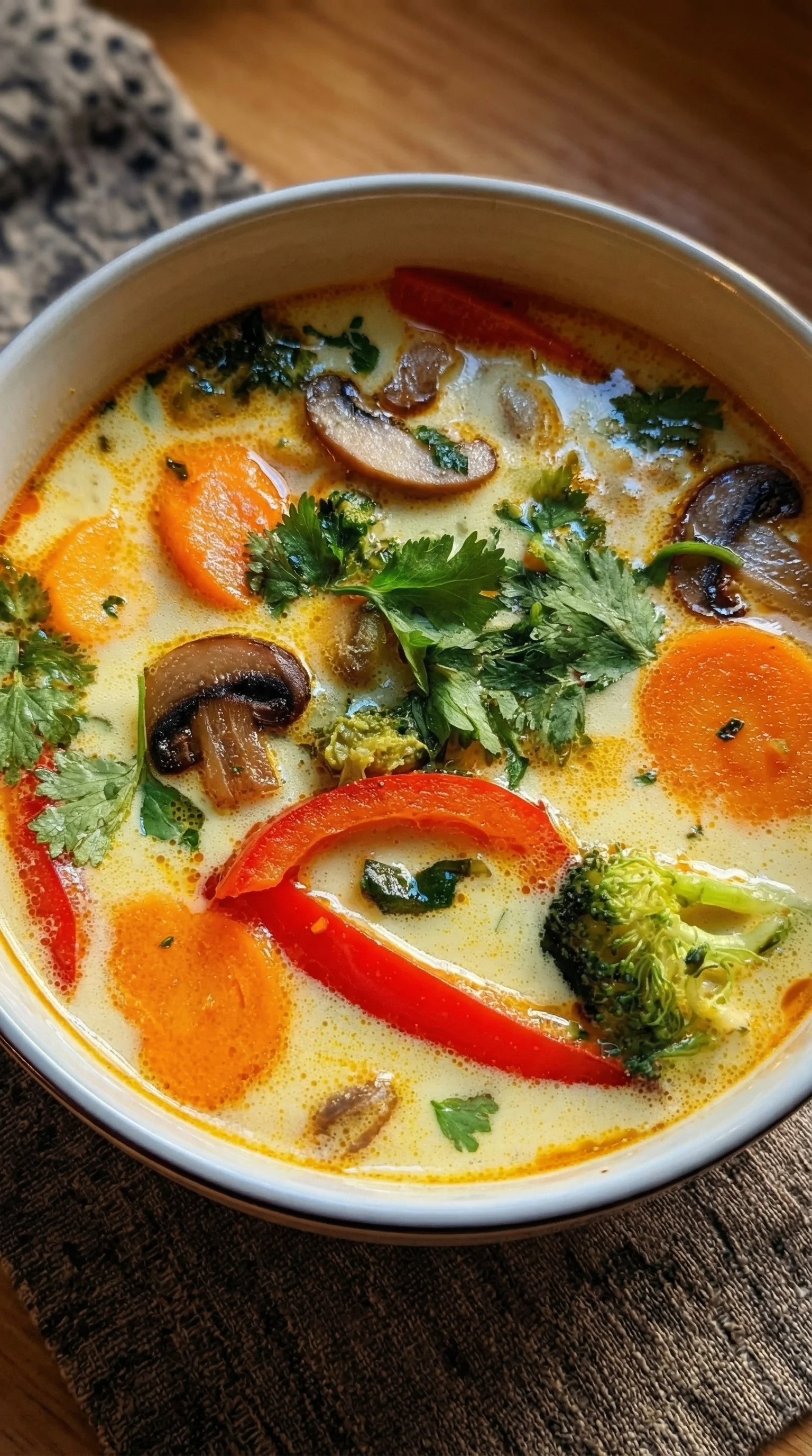 Eine Thai-Kokos-Suppe mit Gemuese, die aus einer Mischung aus Gemüse, Kokosmilch und Kokosnüssen besteht.