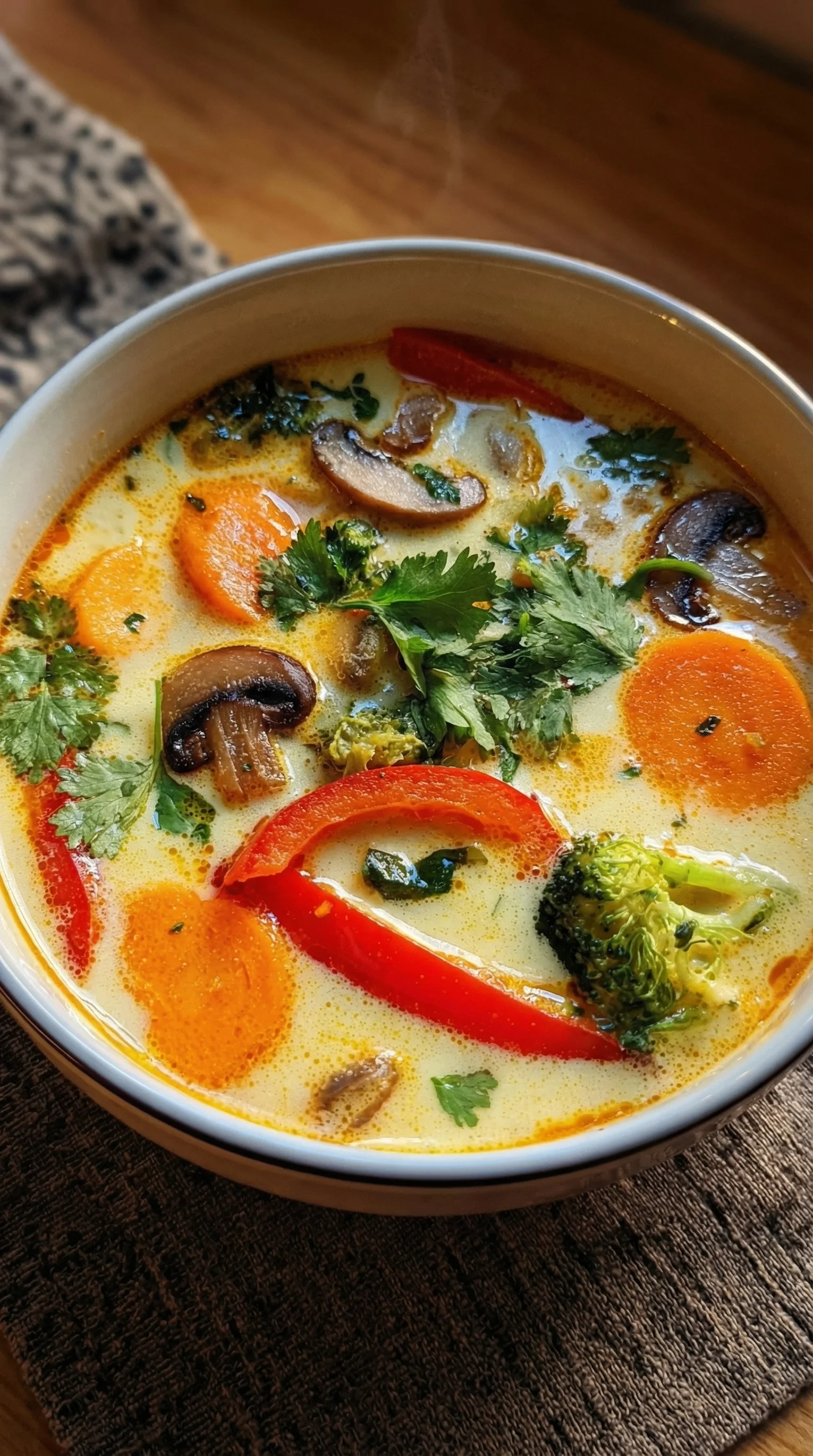 Ein weißer Teller mit einer Thai-Kokos-Suppe, die mit Gemüse, darunter Karotten, Zwiebeln und Knoblauch, garniert ist.