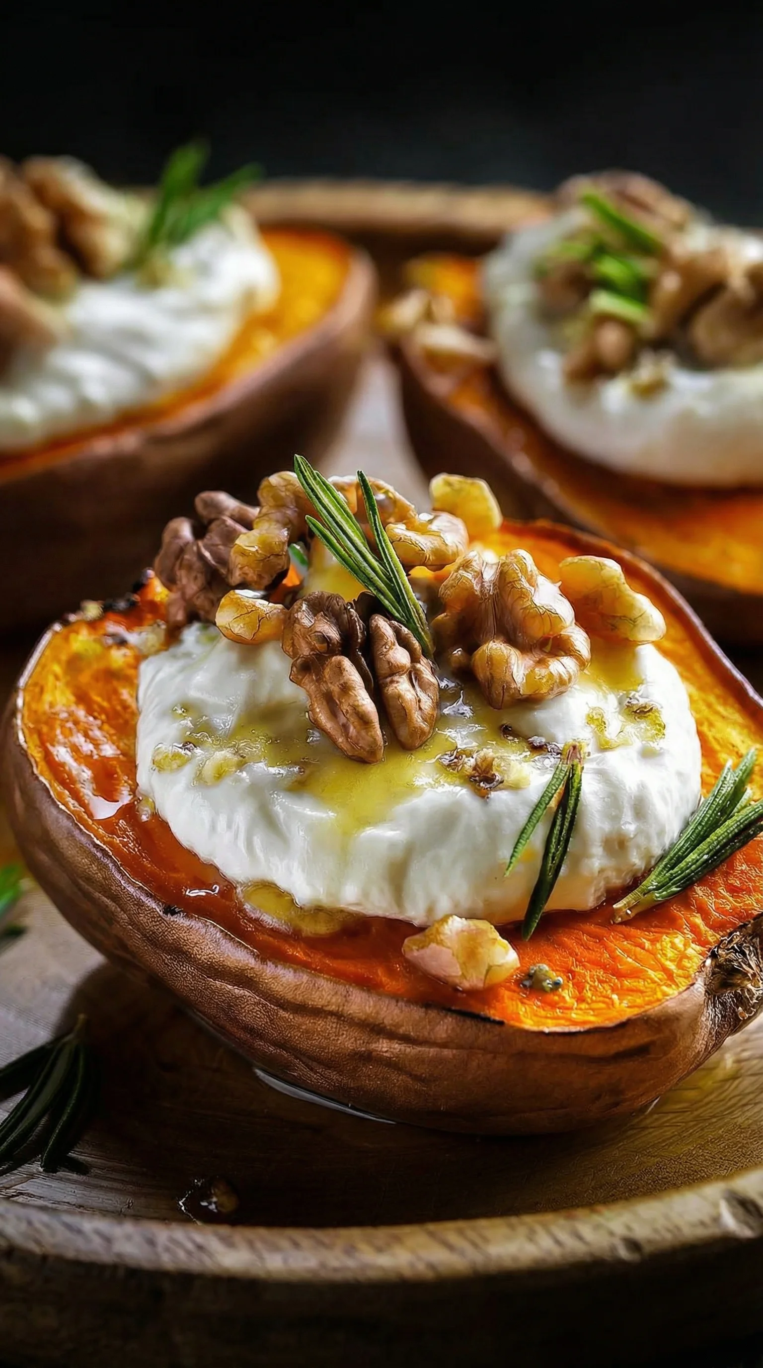 Eine Süßkartoffel mit Burrata und Walnuss.