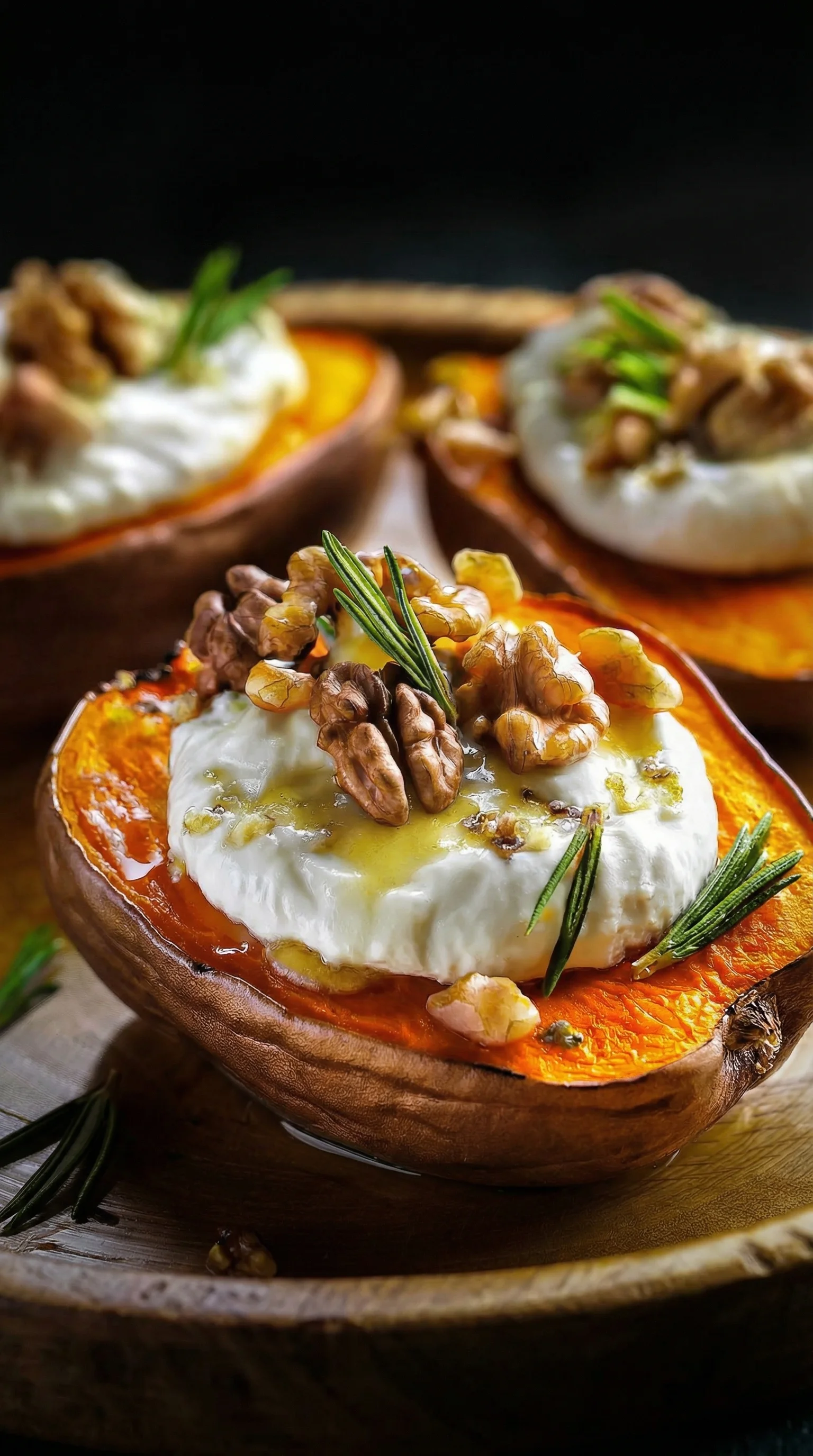 Eine Schüssel mit drei Gefüllten Süßkartoffeln, die mit Burrata und Walnüssen garniert sind.