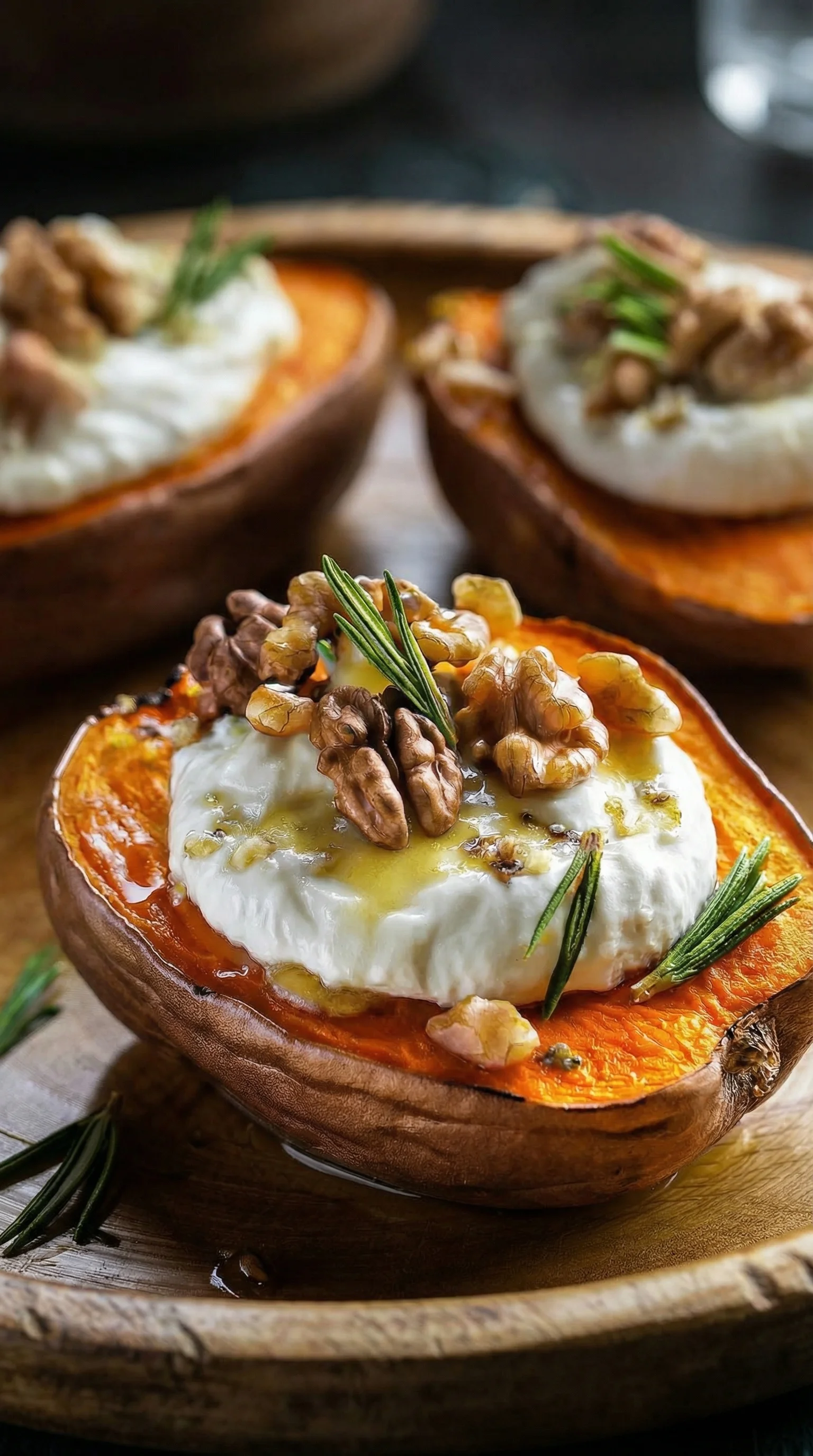 Eine Schüssel mit zwei Gefüllten Süßkartoffeln, die mit Burrata und Walnüssen garniert sind.